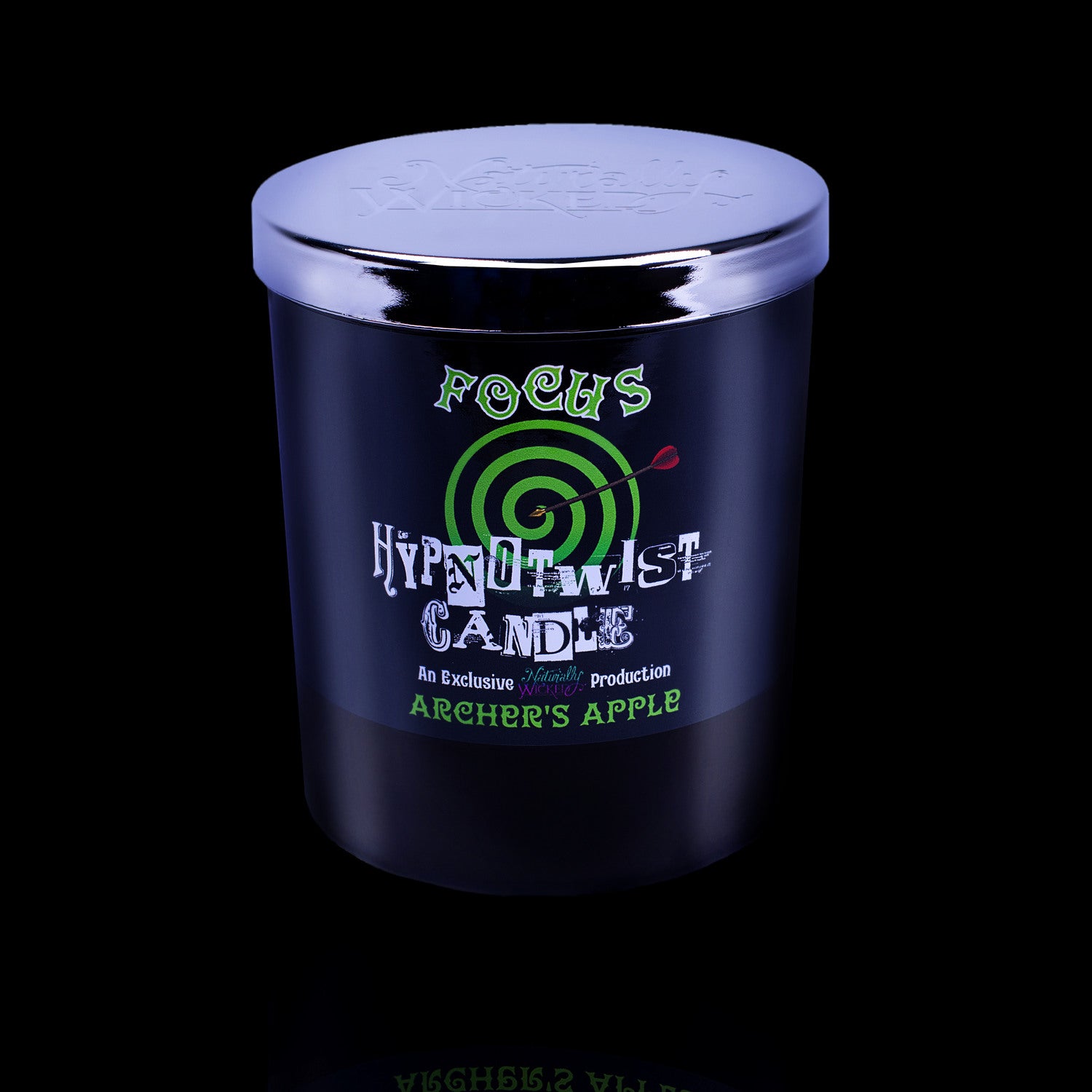 Perfect Your Focus With The Naturally Wicked Hypnotwist Focus Candle Featuring Plant-based Soy Green Wax Scented With Archer's Apple & Includes A Green Aventurine Crystal Spinning Top & Mirrored Lid