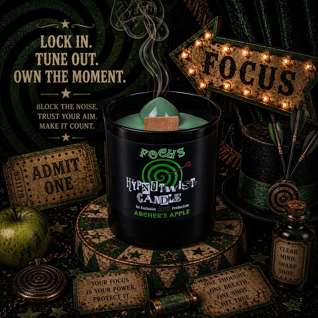 Naturally Wicked Green Hypnotwist Focus Candle In Dark, Mystical Scene Amongst Arrows, Apple & Witch Accessories