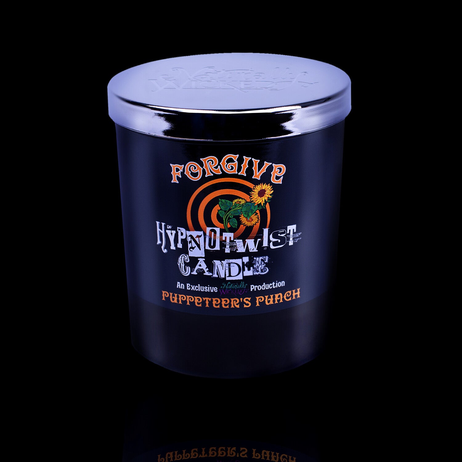 Learn To Forgive With The Naturally Wicked Hypnotwist Forgive Candle Featuring Plant-based Soy Orange Wax Scented With Puppeteer's Punch & Includes An Orange Aventurine Crystal Spinning Top & Mirrored Lid