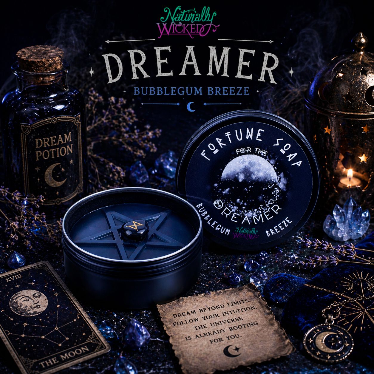 Dark Black Naturally Wicked Fortune Soap For The Dreamer Entombed With Rune Crystal & Lay Amongst Midnight Scene With Dark Crystals, Scrolls, Moon Pendant & Dream Potion