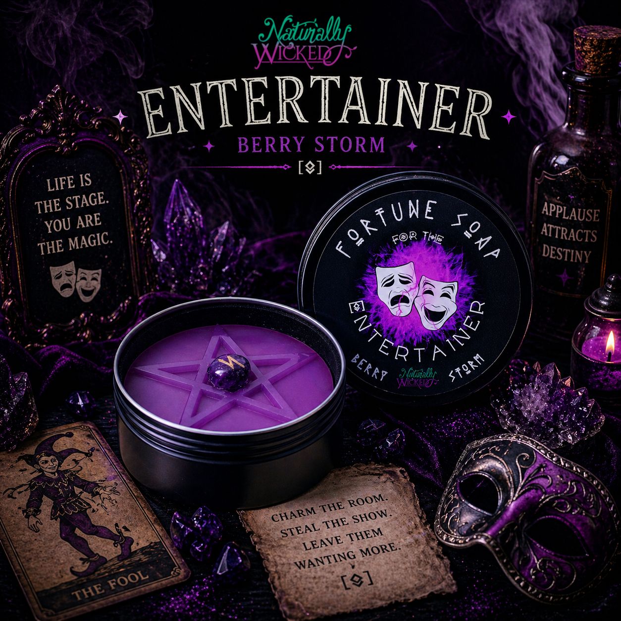 Purple Naturally Wicked Fortune Soap For The Entertainer Entombed With Rune Crystal & Lay Amongst Purple Theatrical Scene, With Entertainer's Mask, Scrolls, Fool Play Card, Crystals & Potion