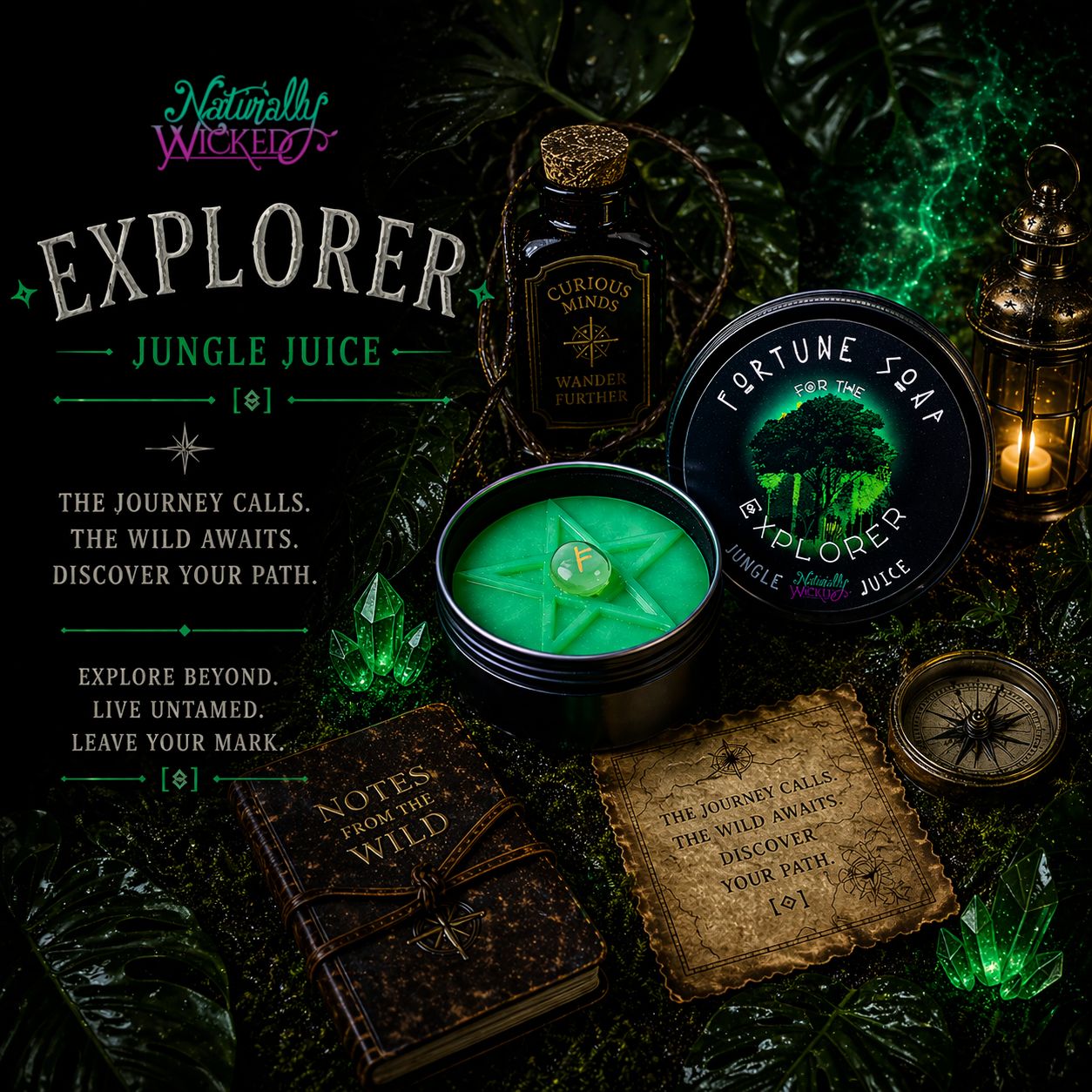 Bright Green Naturally Wicked Fortune Soap For The Explorer Entombed With Rune Crystal & Lay Amongst Jungle Magic, Green Crystals, Scrolls, Compass & Potion