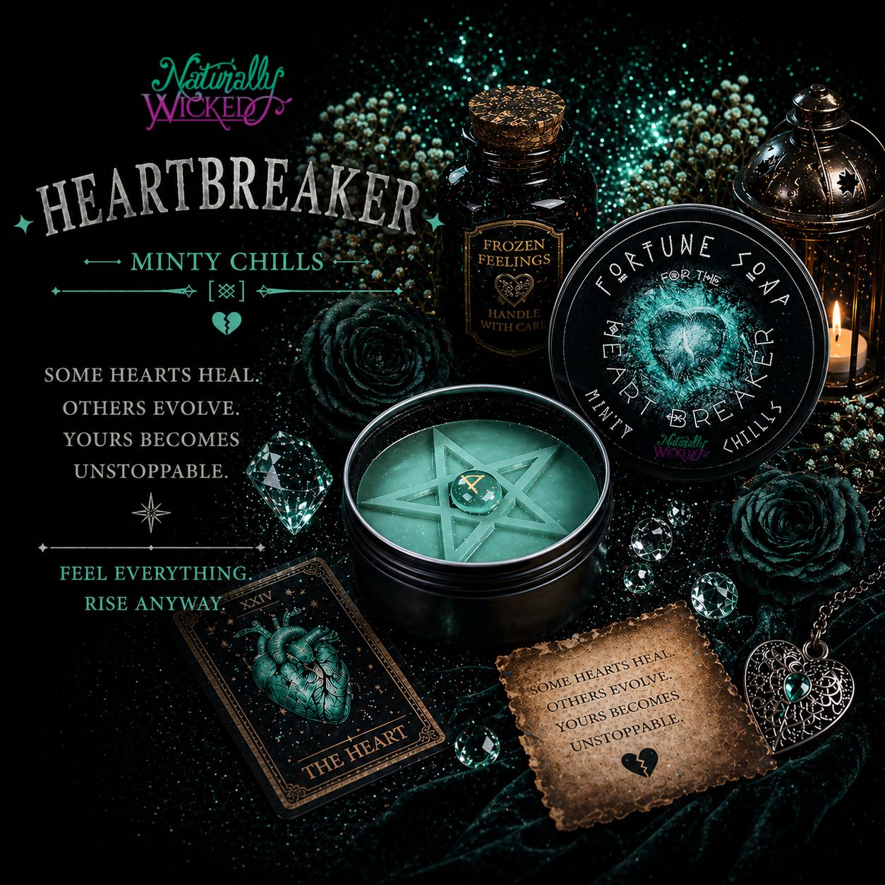 Icy Blue Naturally Wicked Fortune Soap For The Heart Breaker Entombed With Icy Rune Quartz Crystal & Lay Amongst Blue Roses, Ice Blue Crystals, Scrolls, Ice Blue Locket & Frozen Feelings Potion