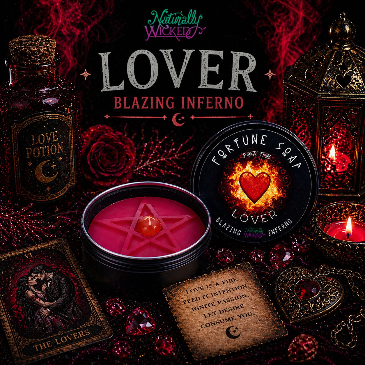 Bright Red Naturally Wicked Fortune Soap For The Lover Entombed With Rune Crystal & Lay Amongst Roses, Red Crystals, Scrolls, Love Pendant & Potion