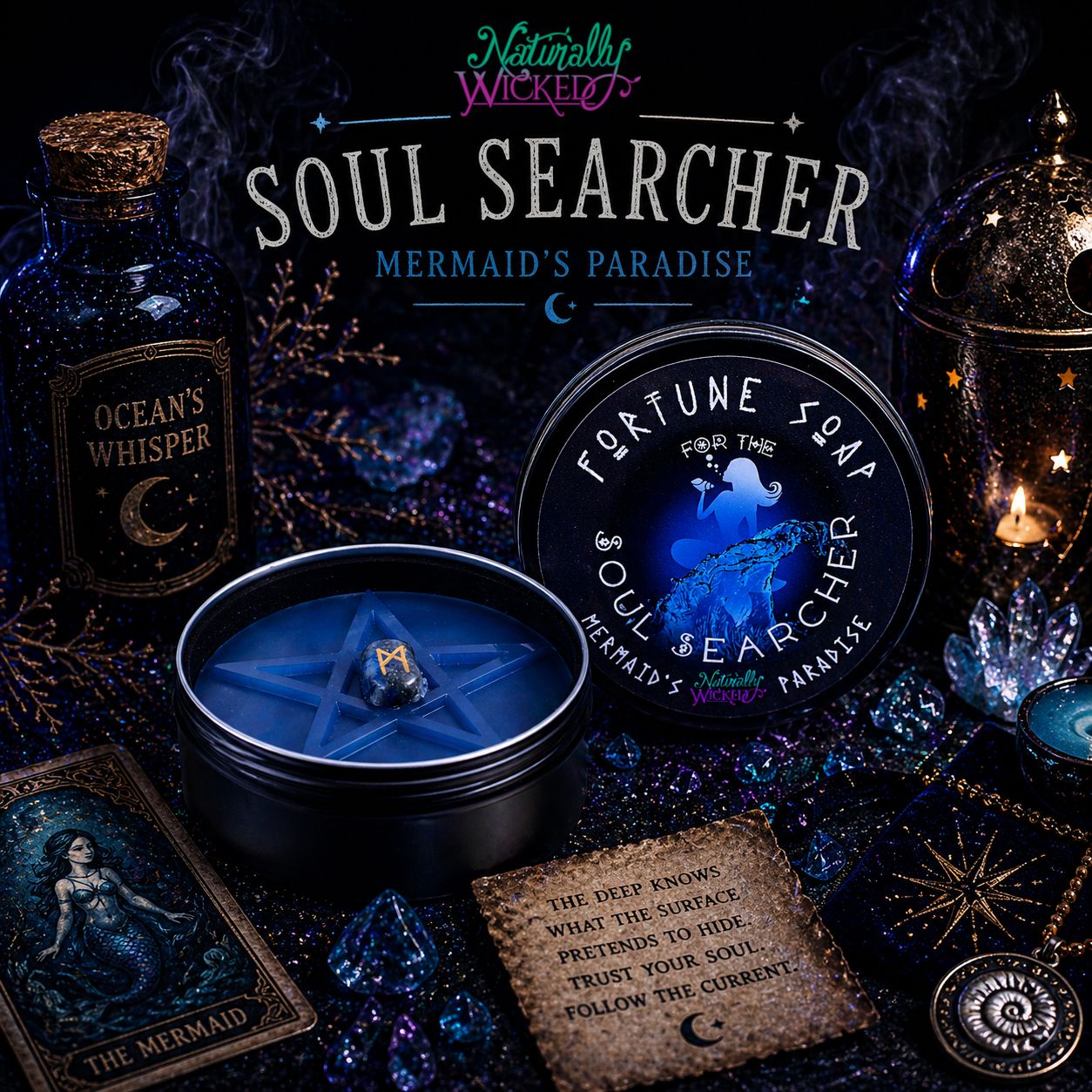 Deep Blue Naturally Wicked Fortune Soap For The Soul Searcher Entombed With Rune Crystal & Lay Amongst Mermaid Card, Blue Crystals, Scrolls, Shell Ornaments & Potion