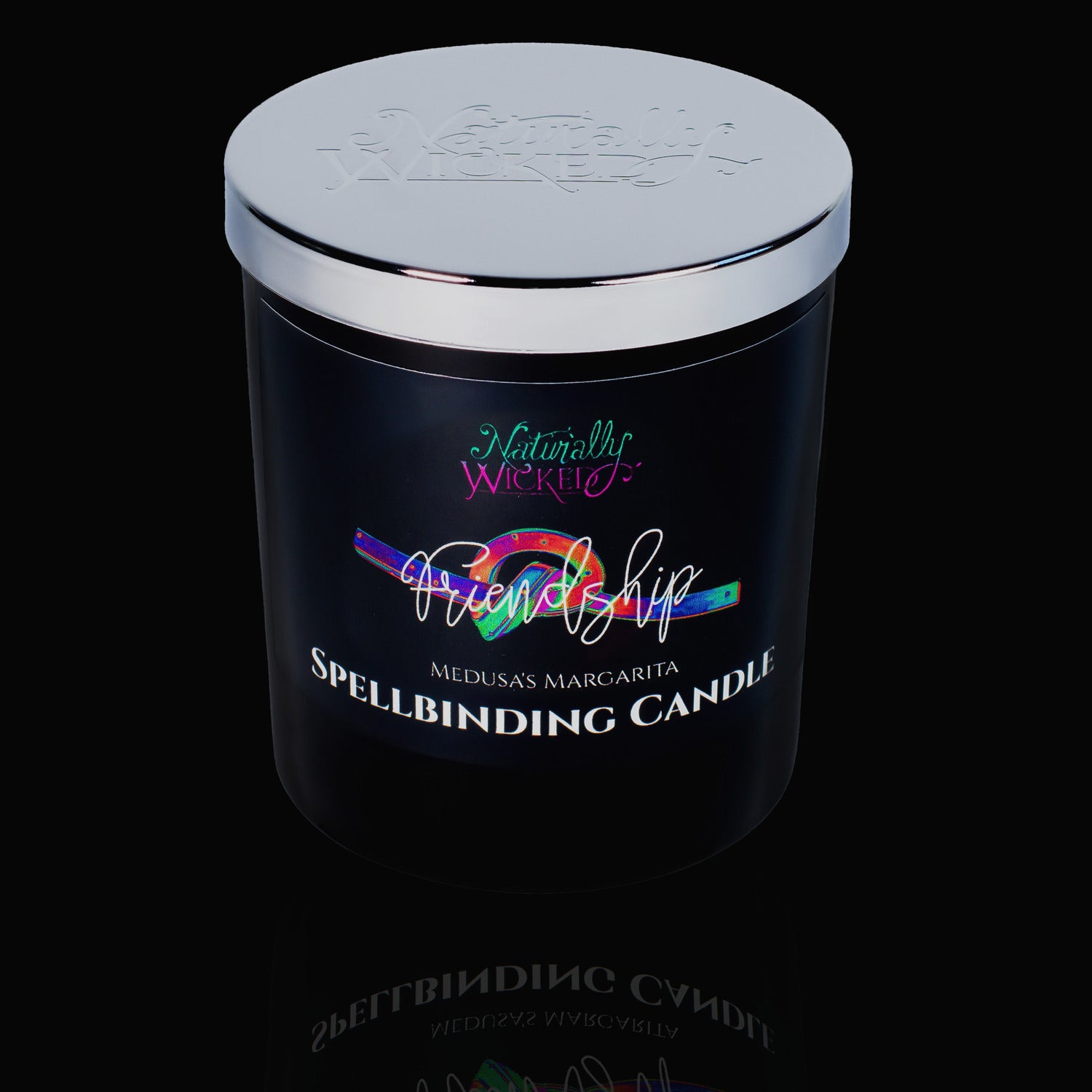 Naturally Wicked Spellbinding Friendship Spell Candle With Mirror Finished Exquisite Lid In Place. Featuring A Black Gloss Label And A Rainbow Friendship Knot. A Unique Gift For Any Friend