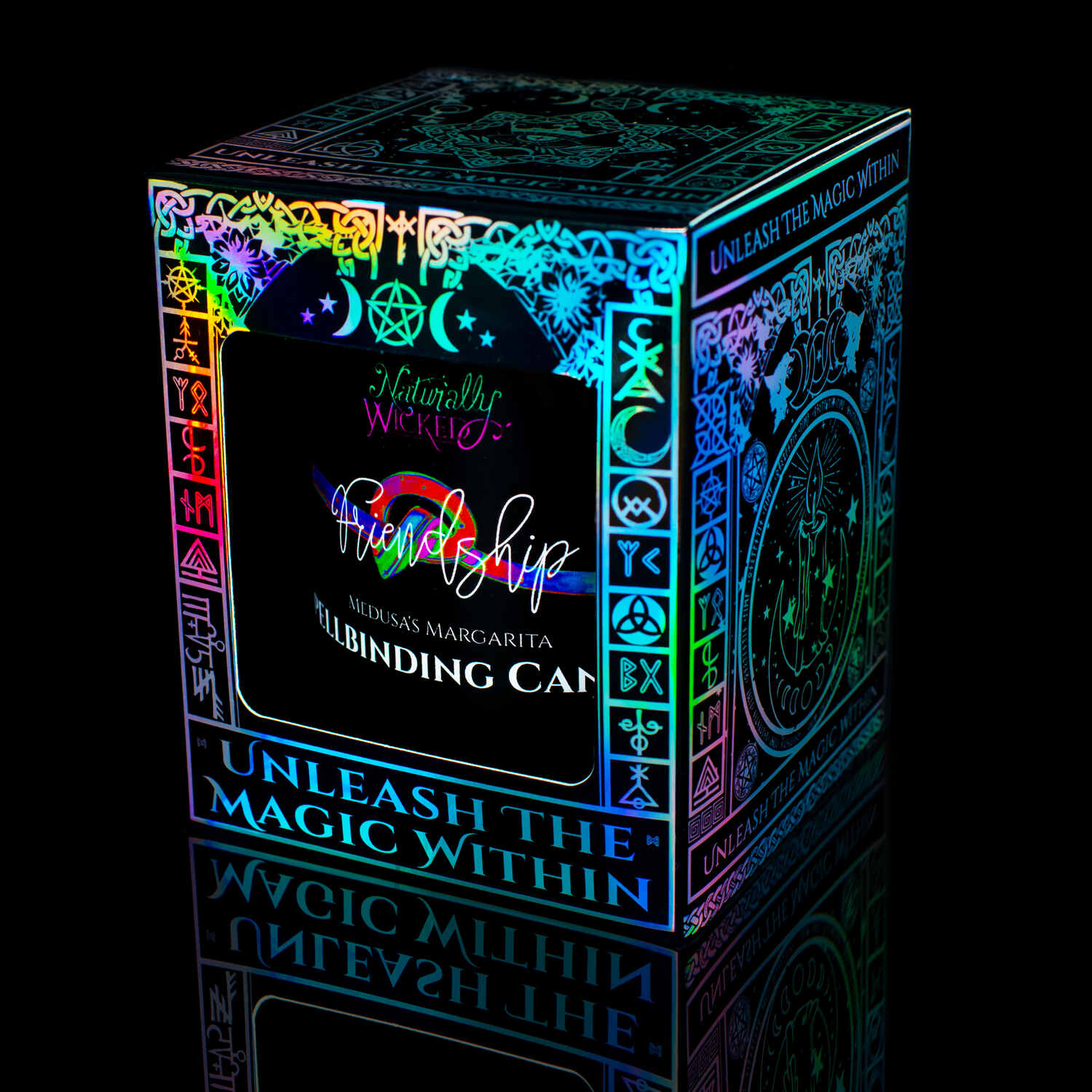 The Naturally Wicked Spellbinding Friendship Candle; The Perfect Spell Candle For The Perfect Friend, Displayed In An Enchanting Iridescent Gloss Gift Box, Inviting Its User To 'Unleash The Magic Within.'