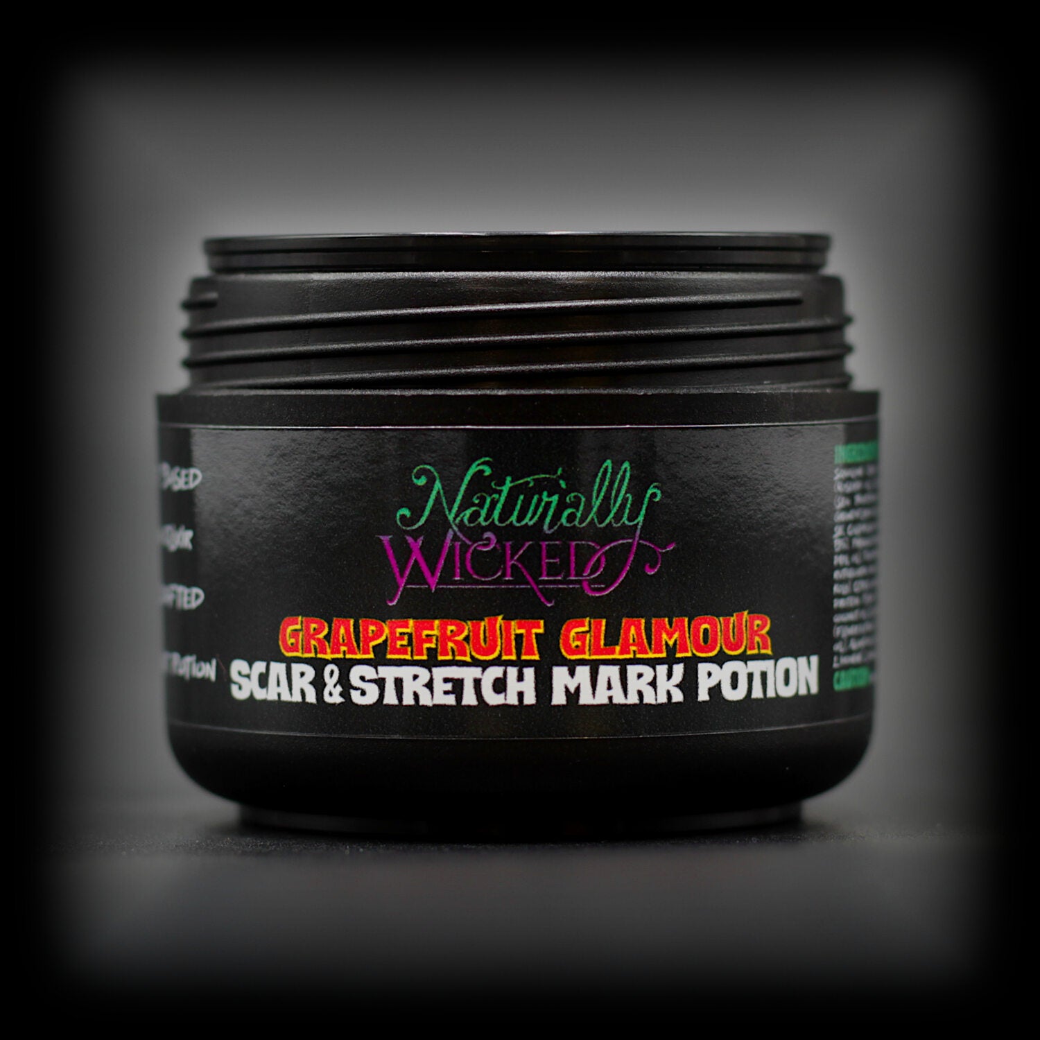 Naturally Wicked Grapefruit Glamour Scar & Stretch Mark Potion for Reducing & Preventing Body Marks, In A Luxury Black Container With Sealing Shive & Intricate Thread