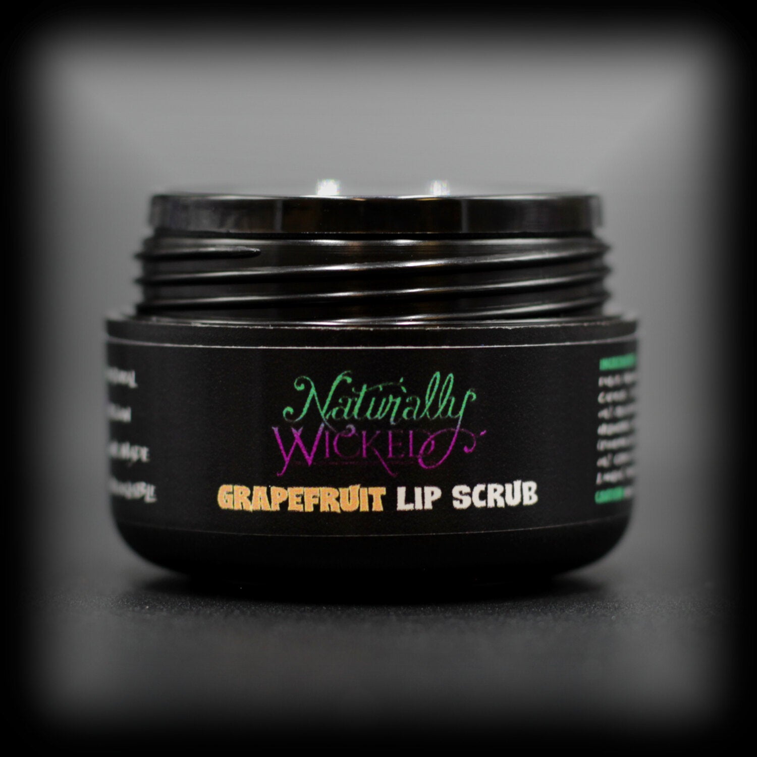 Naturally Wicked Grapefruit Lip Scrub In Luxury Container With Lid Removed & Seal/Shive Visible