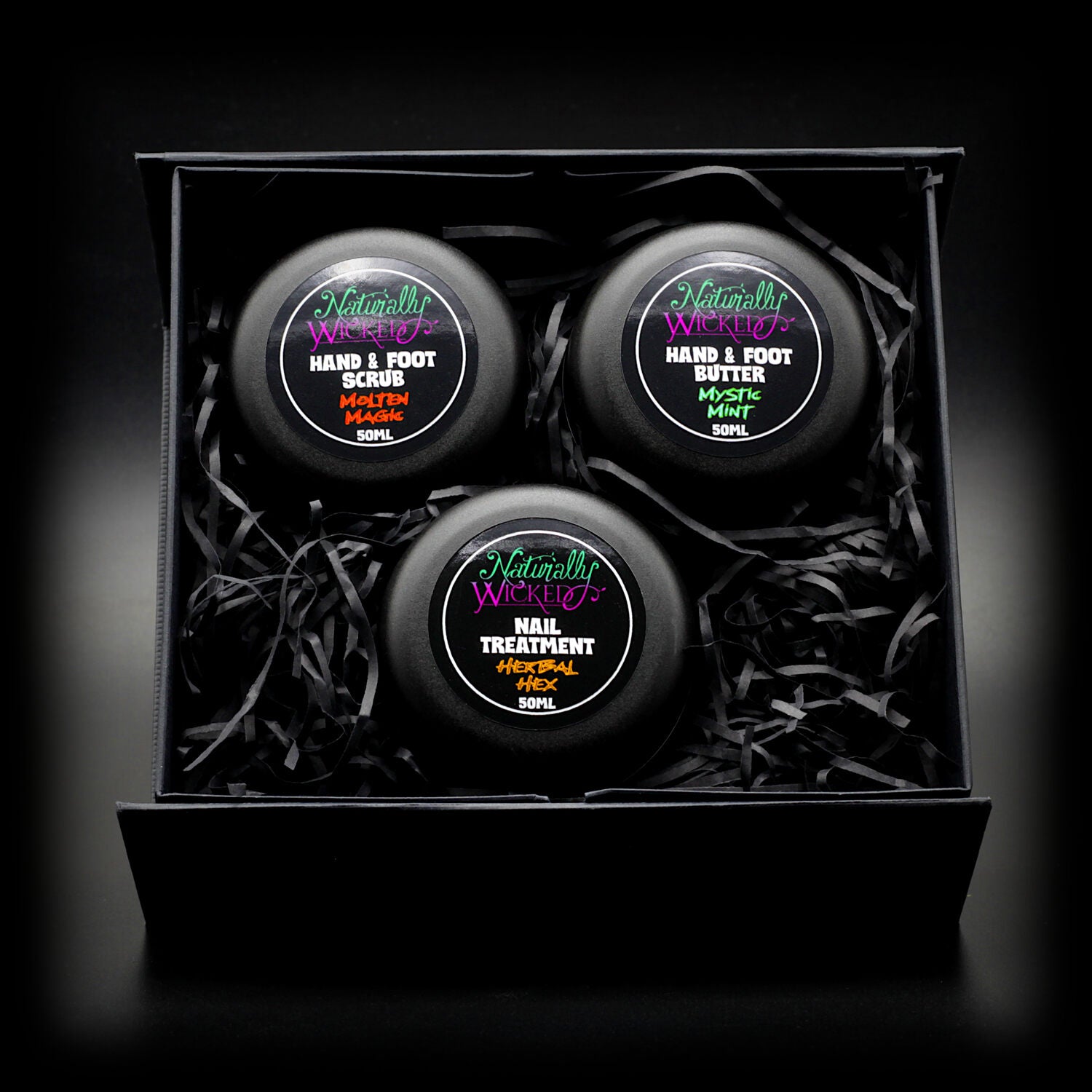 Naturally Wicked Original 3 Step Hand & Foot Kit Inner With Molten Magic Hand & Foot Scrub, Herbal Hex Nail Treatment & Mystic Mint Hand & Foot Butter In Black Gift Box