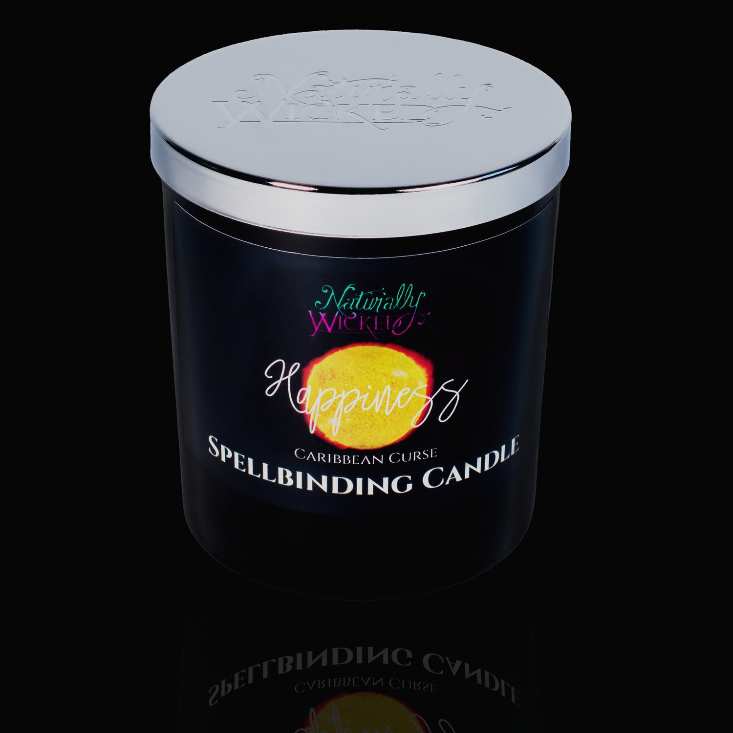 Happiness Is A Gift For Everyone. Naturally Wicked Spellbinding Happiness Spell Candle With Mirror Finished Exquisite Lid In Place. Featuring A Black Gloss Label And A Bright Yellow Sun