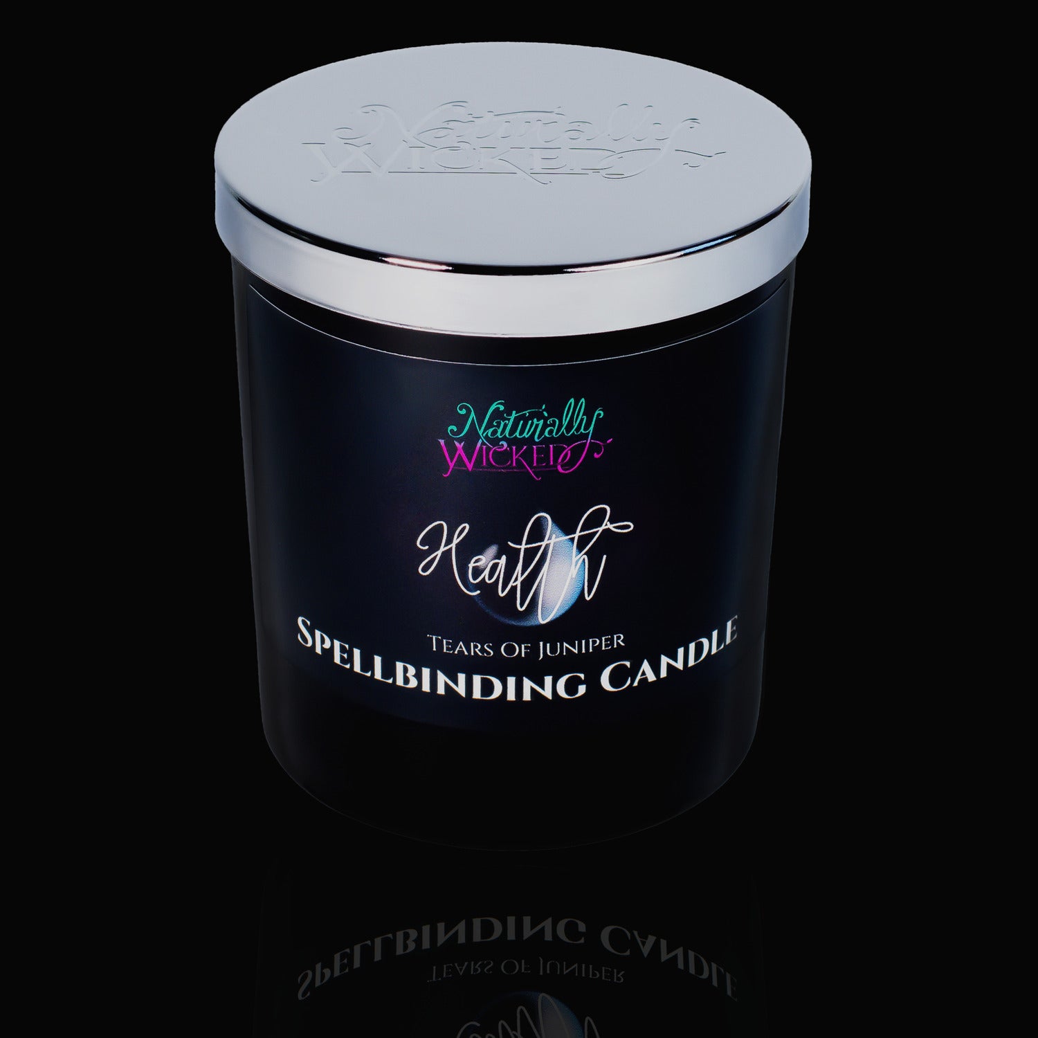 Naturally Wicked Spellbinding Health Spell Candle With Mirror Finished Exquisite Lid In Place. Featuring A Black Gloss Label And A Blue Water Tear Design. A Truly Classy Gift
