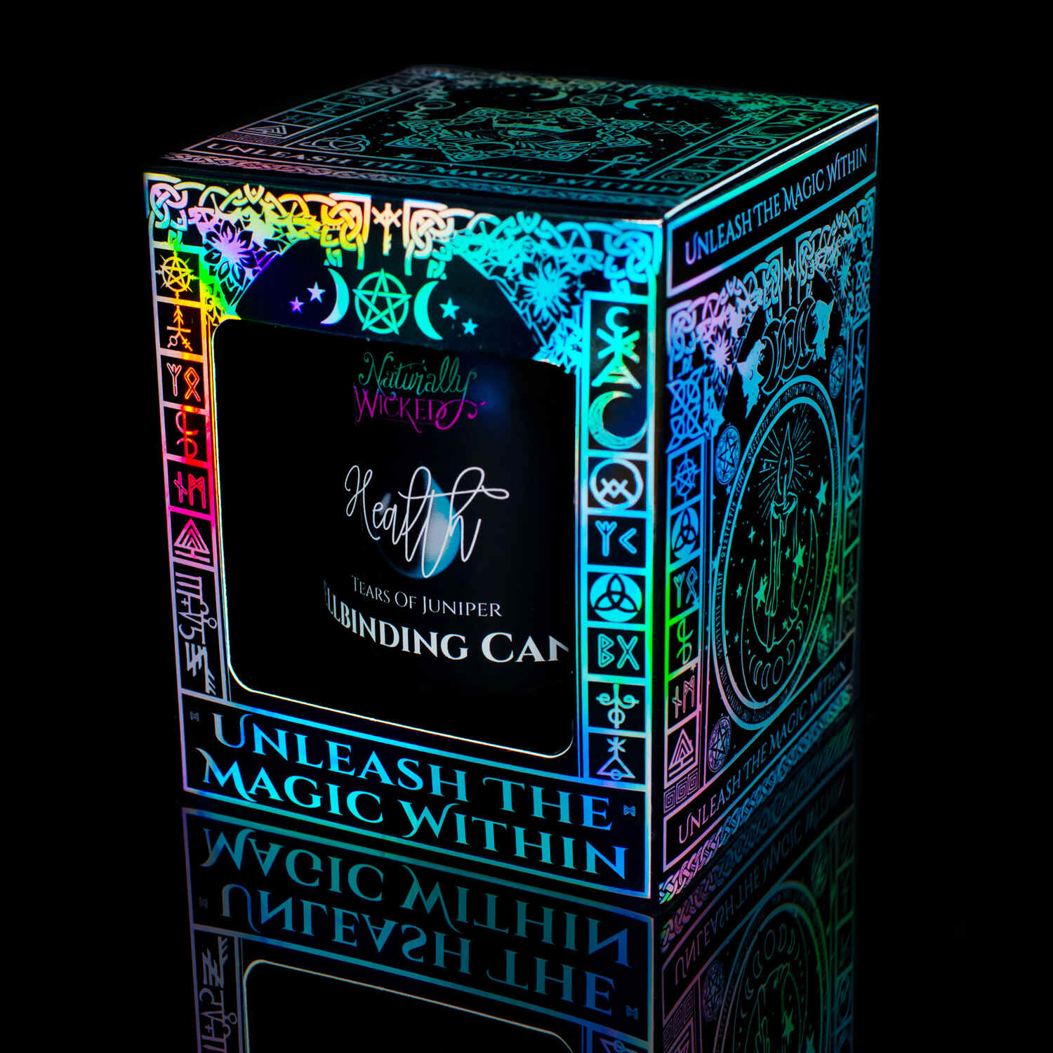 Naturally Wicked Spellbinding Health Candle Displayed In An Enchanting Iridescent Black Gloss Gift Box, Featuring Mystical Symbols With Invitation To 'Unleash The Magic Within.'