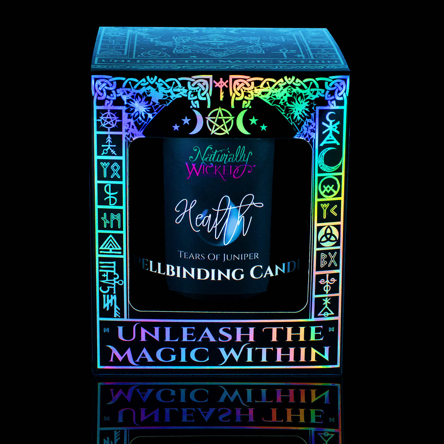 Cast A Rejuvenating Spell With The Naturally Wicked Spellbinding Health Candle, Displayed In A Magical Holographic Gloss Gift Box, Inviting Its User To 'Unleash The Magic Within.'