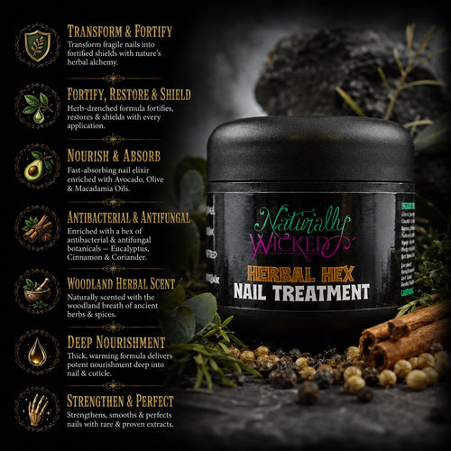 Naturally Wicked Herbal Hex Nail Treatment Sat Amongst A Pile Of Dried & Fresh Herbs, Beside A List Of Nail Benefits Offered from Ingredients