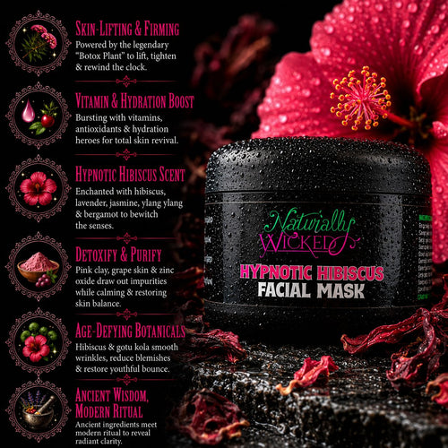 Naturally Wicked Hypnotic Hibiscus Facial MAsk Amongst Dried Hibiscus Petals & Large Vibrant Pink Hibiscus Flower, Beside List Of Mask Benefits Such As Detoxifying & Purifying