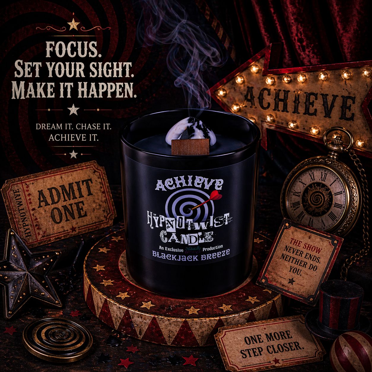 Hypnotwist Achieve Candle In Circus Themed Achievement Ritual, Amongst Mysterious Hypnotic Tools, Top Hat, Pocket Watch & Other Witchy Accessories