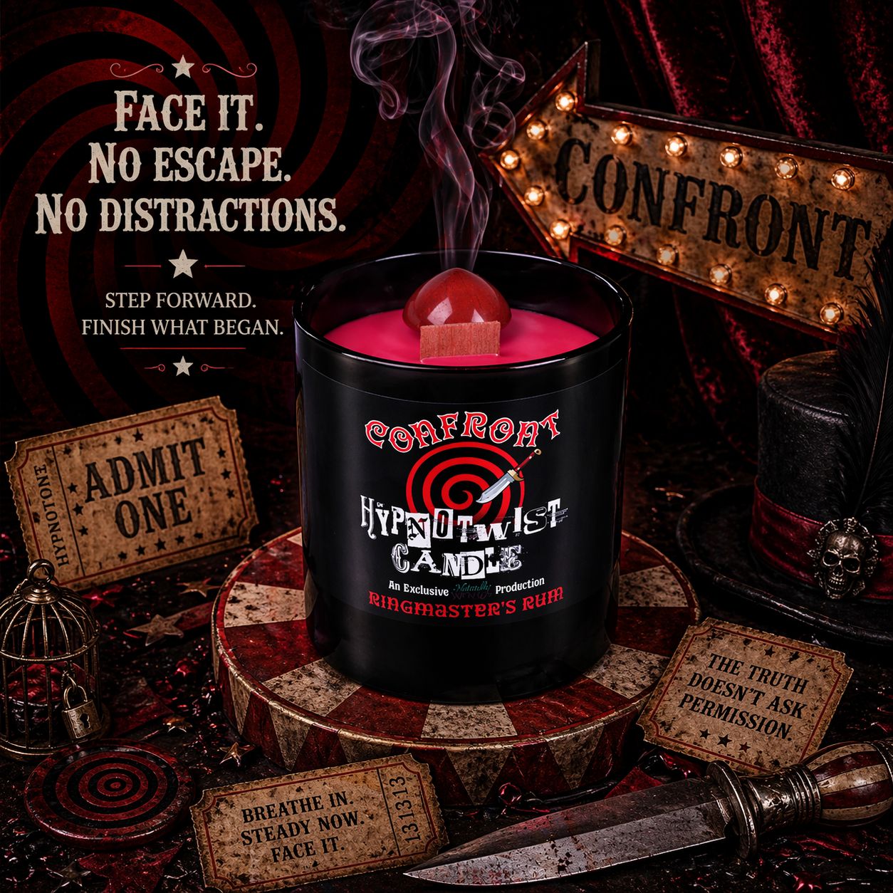 Hypnotwist Confront Candle In Circus Themed Confrontation Ritual Amongst Dagger, Hypnotic Spirals, A Bird Cage & Ringmaster's Hat