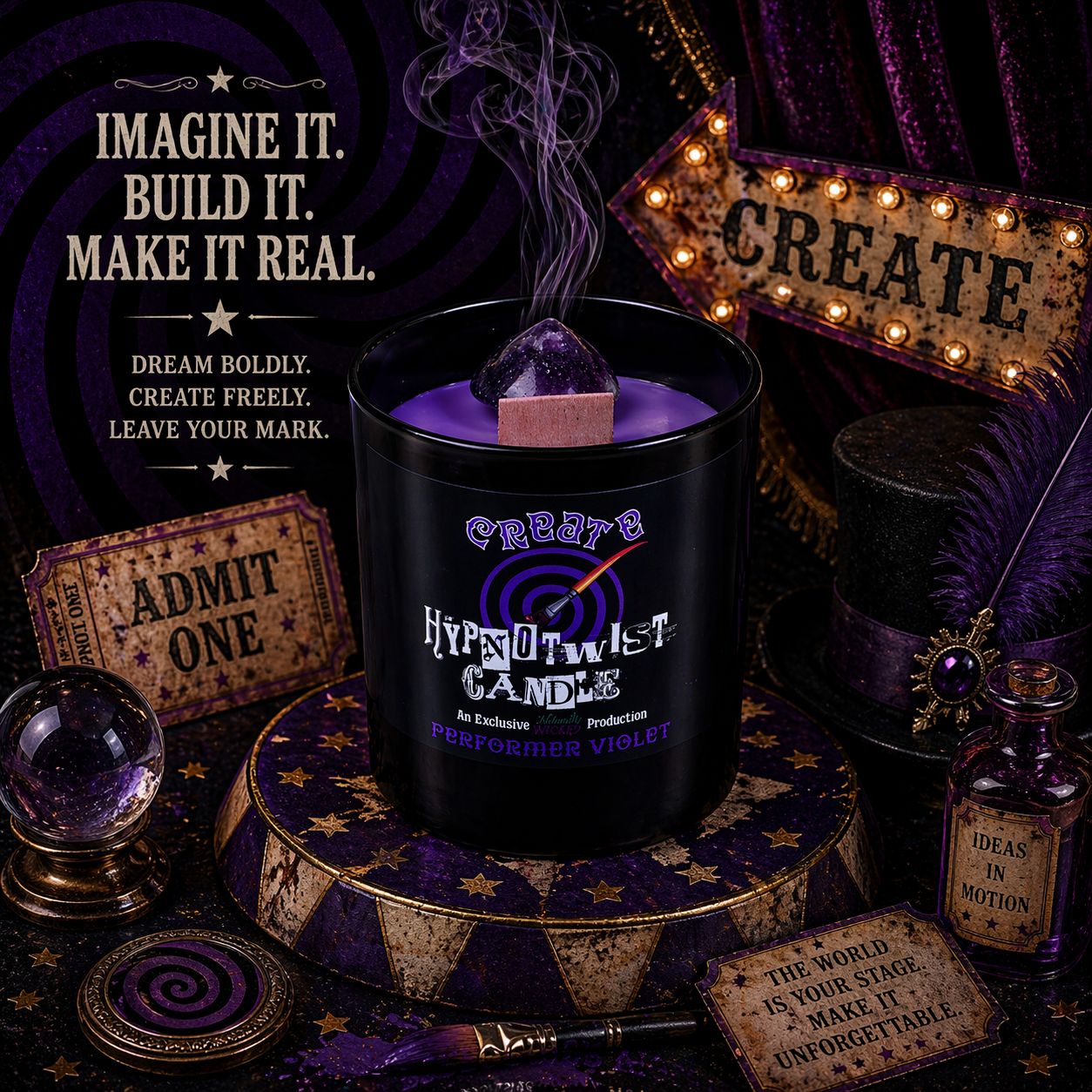 Naturally Wicked Hypnotwist Create Candle With Purple Wax In Mystical Setting With Witchy Crystal Ball, Artists Paintbrush & Creepy Accessories