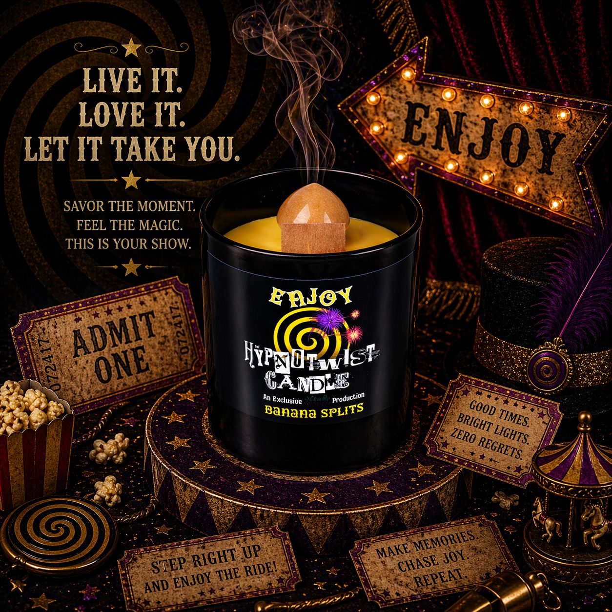 Hypnotwist Enjoy Candle In Mystical, Circus Themed Joy Ritual Amongst Carousel, Top Hat, Hypnotic Disc & Popcorn