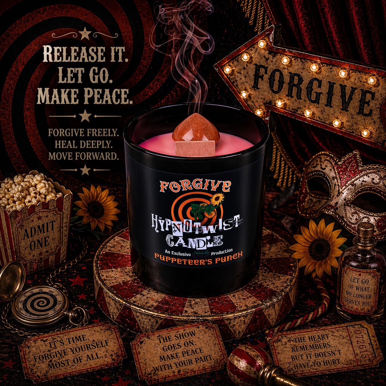 Hypnotwist Forgive Candle In Dim Lit Circus Themed Forgiveness Ritual Amongst Mask, Potion, Flowers & Popcorn