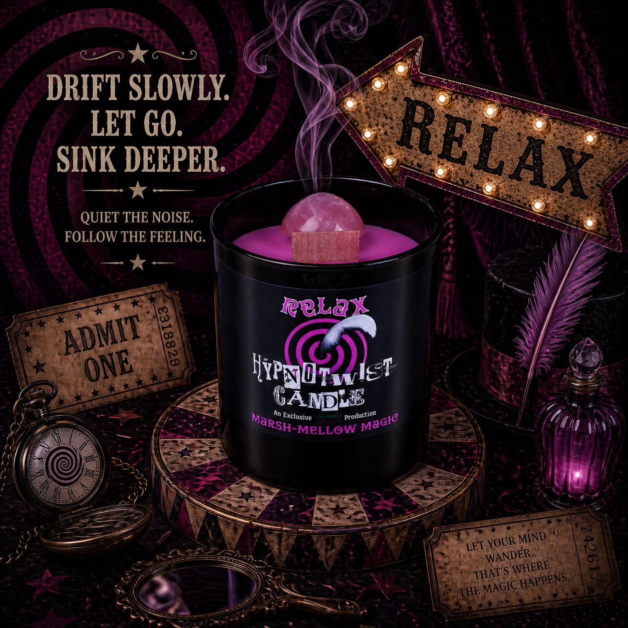 Hypnotwist Relax Candle In Circus Style Relaxation Ritual, Amongst Pink Feather, Ornate Mirror, Tickets & Top Hat.