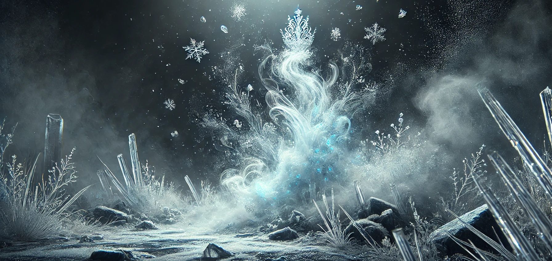 Icicles & Snowflakes Overlook Frozen White Ground With Magical Ice Crystals & Smoke Emitted From Frosty Landscape