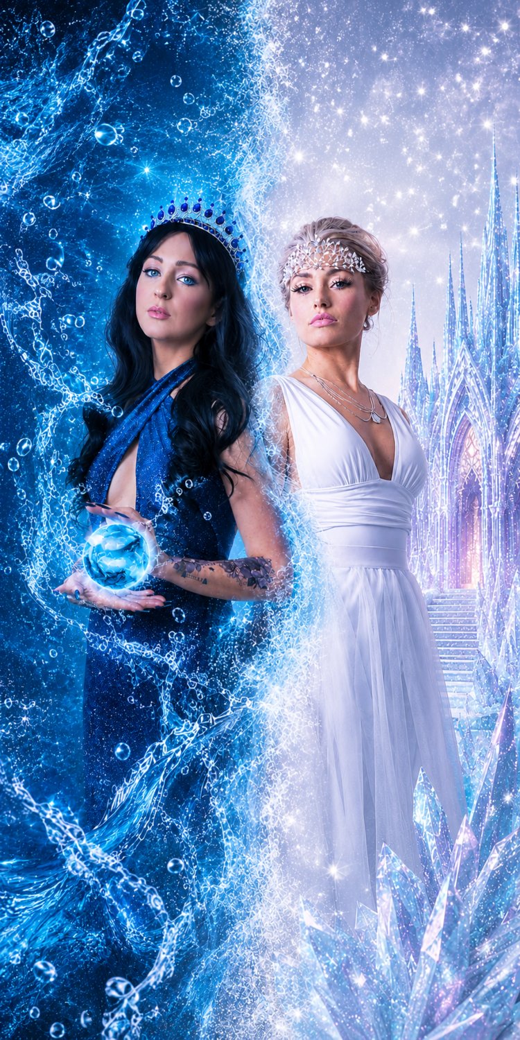 Naturally Wicked Water Queen Dressed In Blue Amongst Deluge Of Aqua Stands Beside The Naturally Wicked Ice Queen Dressed In White Before Ice Palace