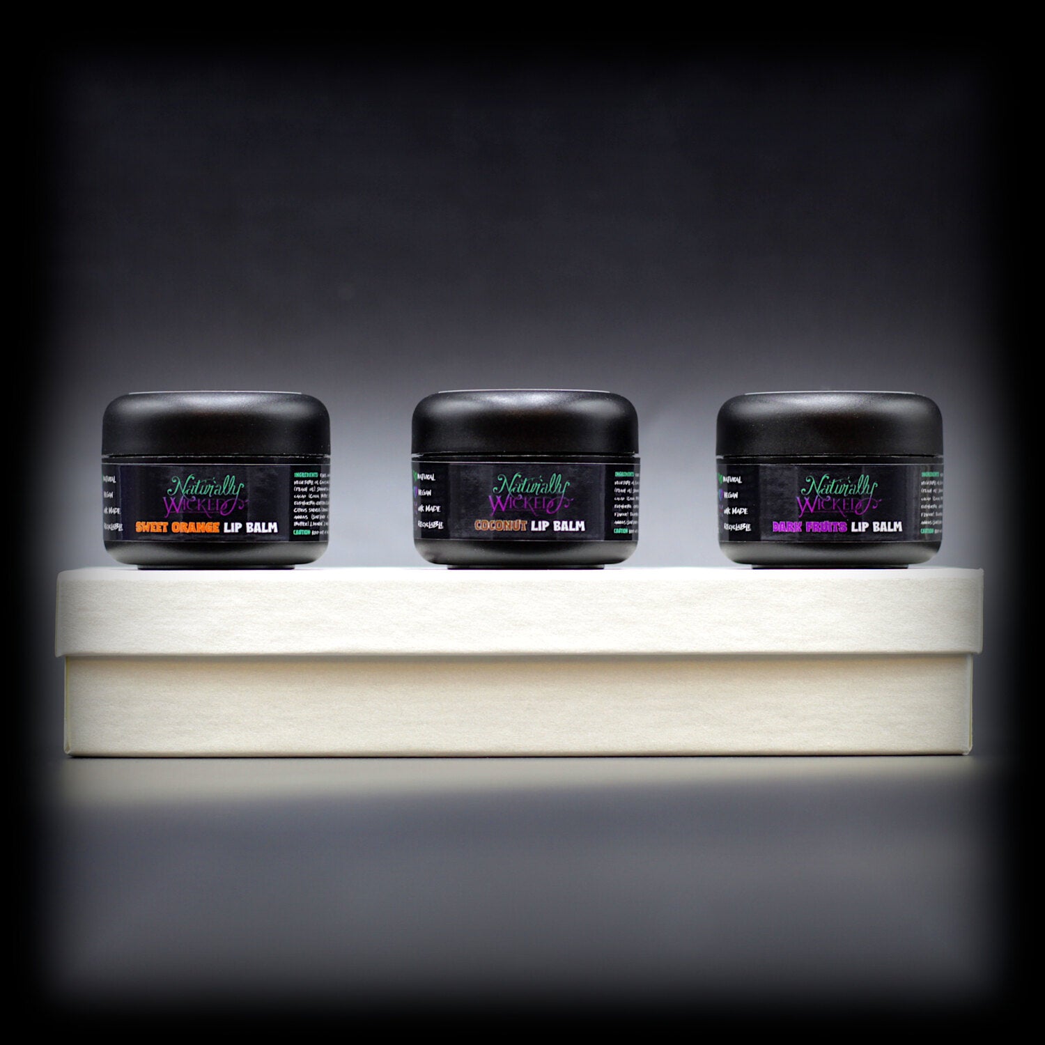Naturally Wicked Lip Balm Trio Box Under Three Fruit Filled, Hydrating Lip Balms; Orange, Coconut & Dark Fruits