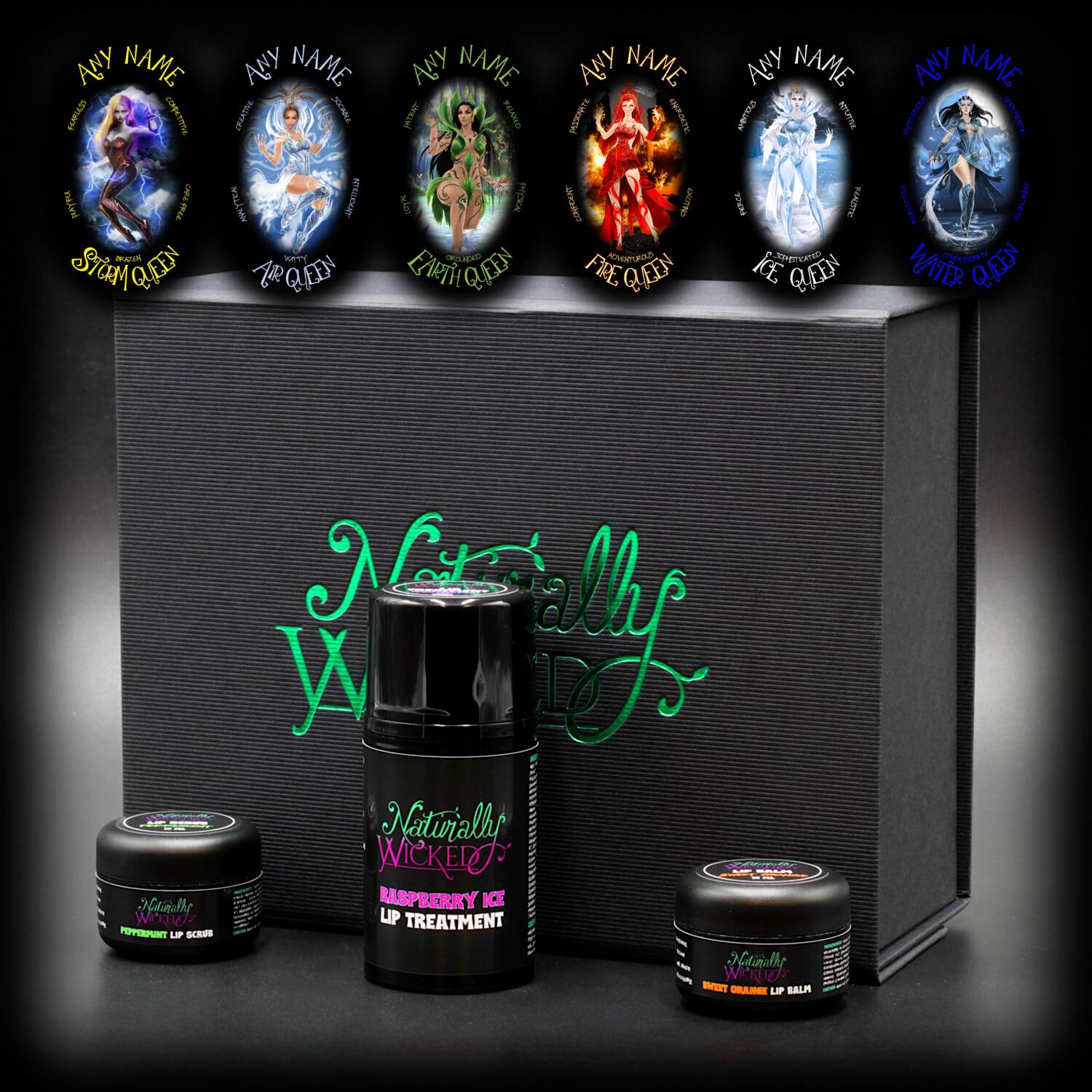 Naturally Wicked Personalised Wicked Queen Lip Kit Perfect Gift For Her With 3 x Natural Lip Products Beside Gift Box