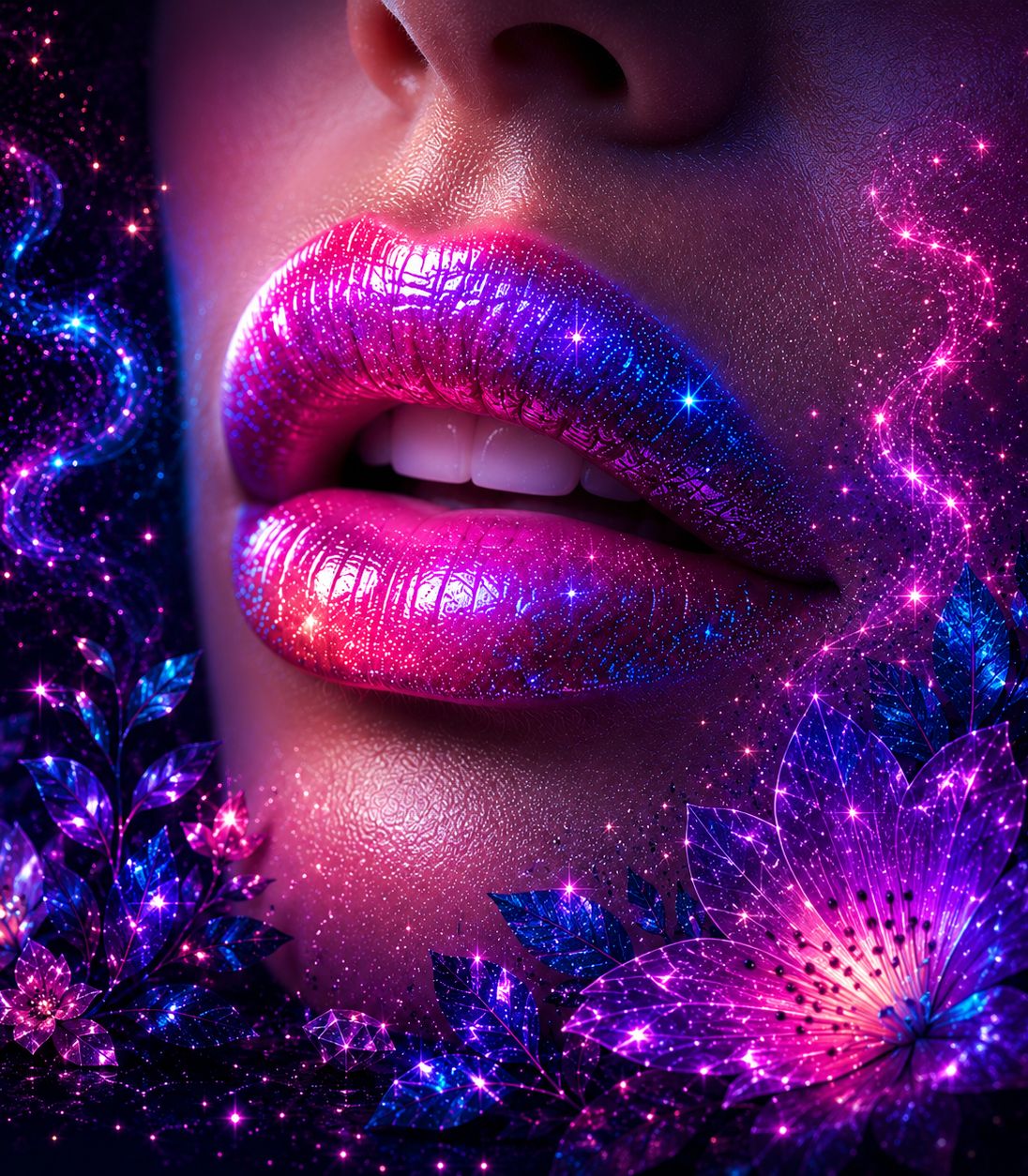 Luscious Pink Lips Emerging From Flowers & Illuminated Purple Magical Fairy Dust Trails