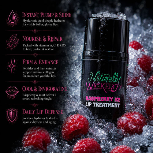 Naturally Wicked Raspberry Ice Lip Treatment Embedded In Ice & Raspberries Amongst A List Of Benefits Regarding Inclusion Of Vitamins & Hyaluronic Acid