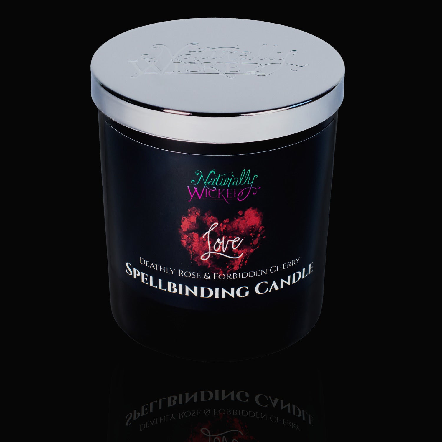 Naturally Wicked Spellbinding Love Spell Candle With Mirror Finished Exquisite Lid In Place. Featuring A Black Gloss Label And A Bright Red Love Heart. Give The Gift Of Love