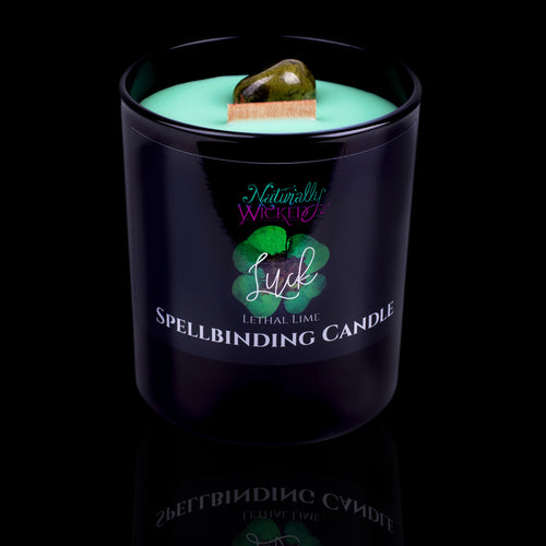 Give The Gift Of Luck With The Naturally Wicked Spellbinding Luck Crystal Candle Entombed In Green Plant-Based Wax With Crackling Wood Wick & Spotted Epidote Crystal