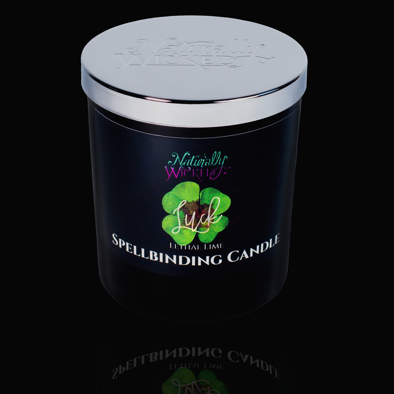 Get Lucky With The Naturally Wicked Spellbinding Luck Spell Candle With Mirror Finished Exquisite Lid In Place. Featuring A Black Gloss Label And An Enchanting Lucky 4 Leaf Clover. 