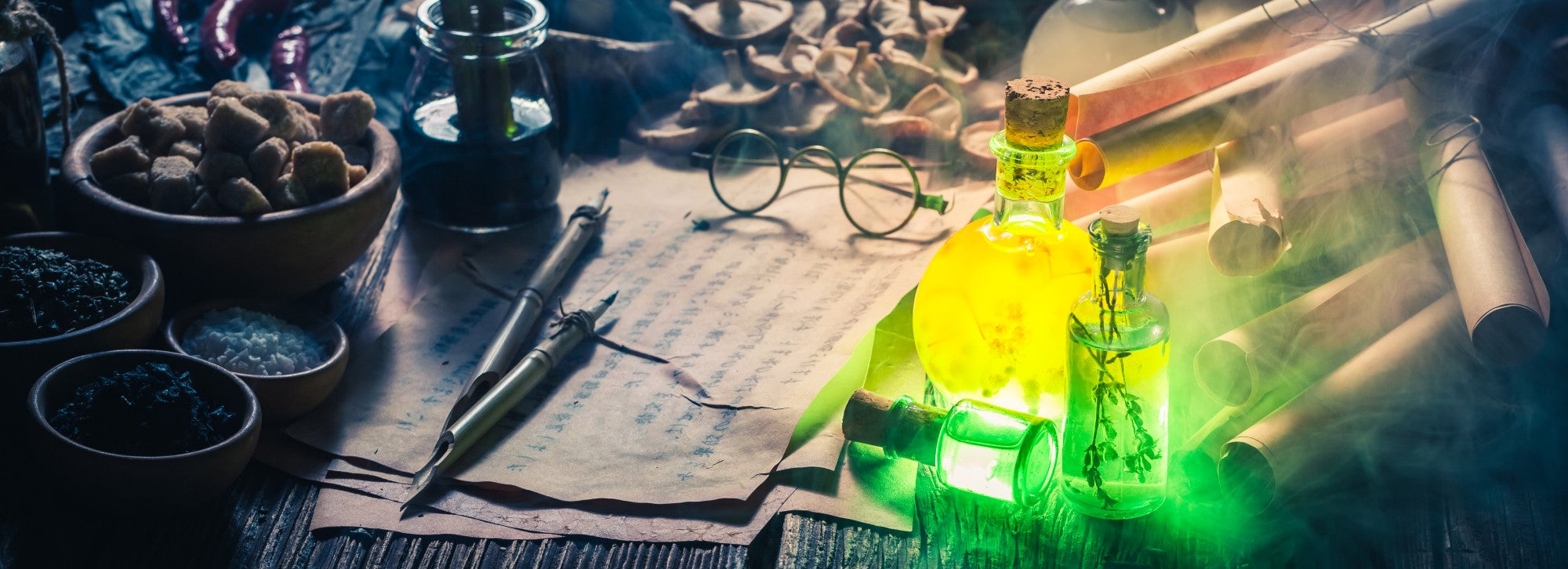 Magical Ingredients Sprawled Across Table With Witchy Naturally Wicked Ingredient Scrolls