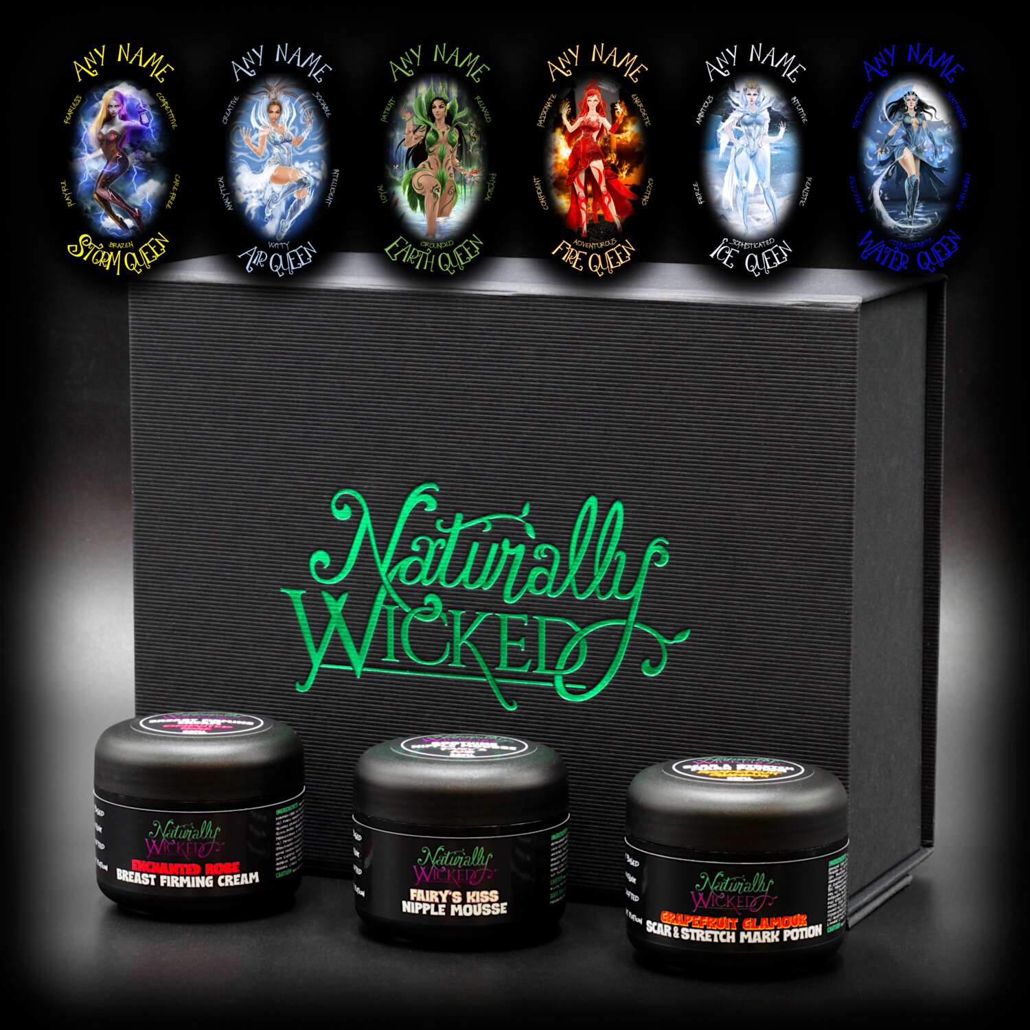 Naturally Wicked Queen Gift Set featuring Breast Firming Cream, Nipple Mousse, and Scar & Stretch Mark Potion with customizable Queen character options: Ice, Storm, Water, Earth, Air, and Fire