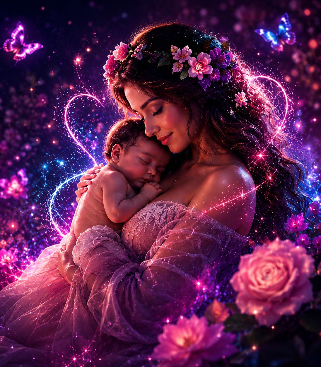 Beautiful New Mum Grasping Newborn Baby Close To Chest Embracing With Love & Showering In Magical Illuminated Fairy Dust Trails