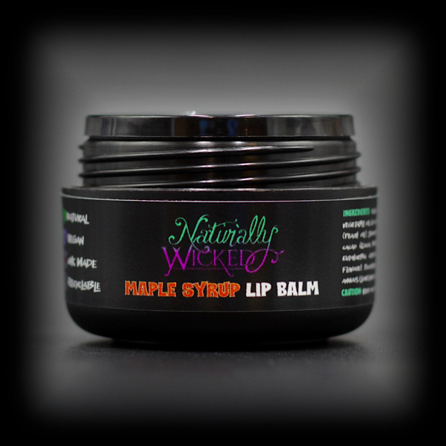 Naturally Wicked Maple Syrup Lip Balm With Lid Removed & Inner Luxury Seal Exposed