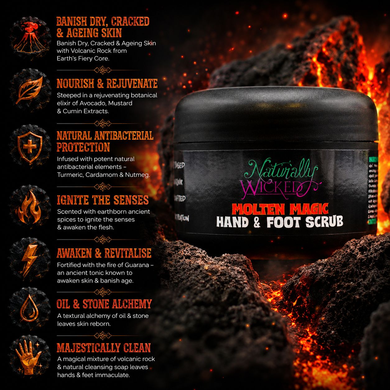 Molten Magic Hand & Foot Scrub In Bright Orange Magma Flow Alongside A List Of Product Skincare Benefits Such As Natural Antibacterial Protection
