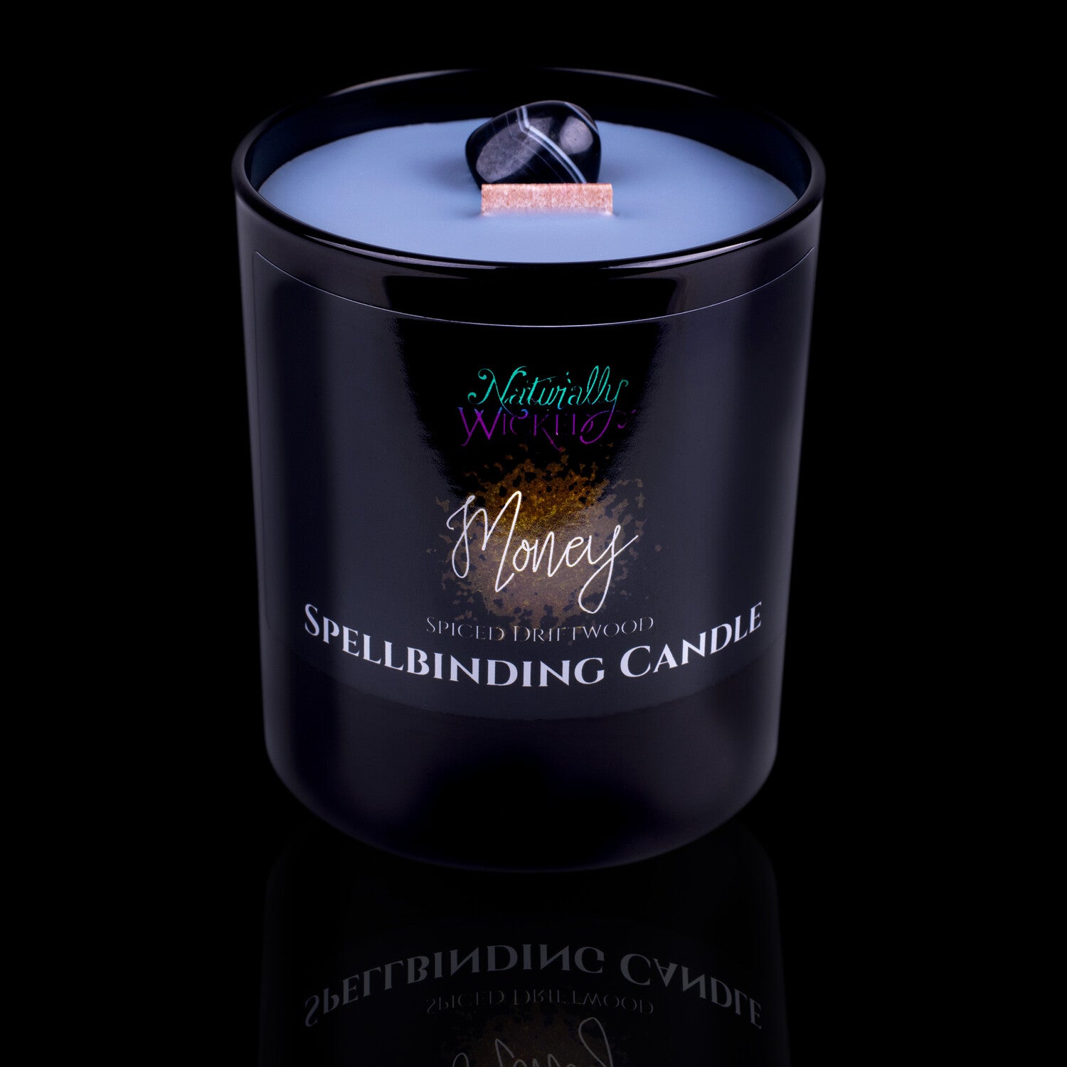 Naturally Wicked Spellbinding Money Crystal Candle Entombed In Black Plant-Based Wax With Crackling Wood Wick & Black Onyx Crystal. A Truly Unique Gift