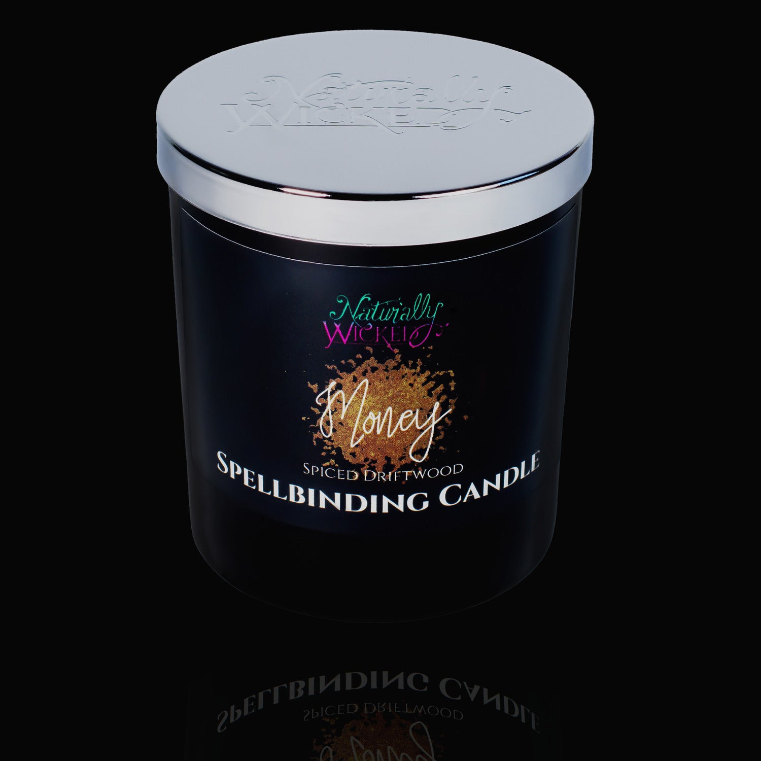 Naturally Wicked Spellbinding Money Spell Candle With Mirror Finished Exquisite Lid In Place. Featuring A Black Gloss Label And An Explosion Of Gold Dust. This Classic Gift Is Better Than Money Itself