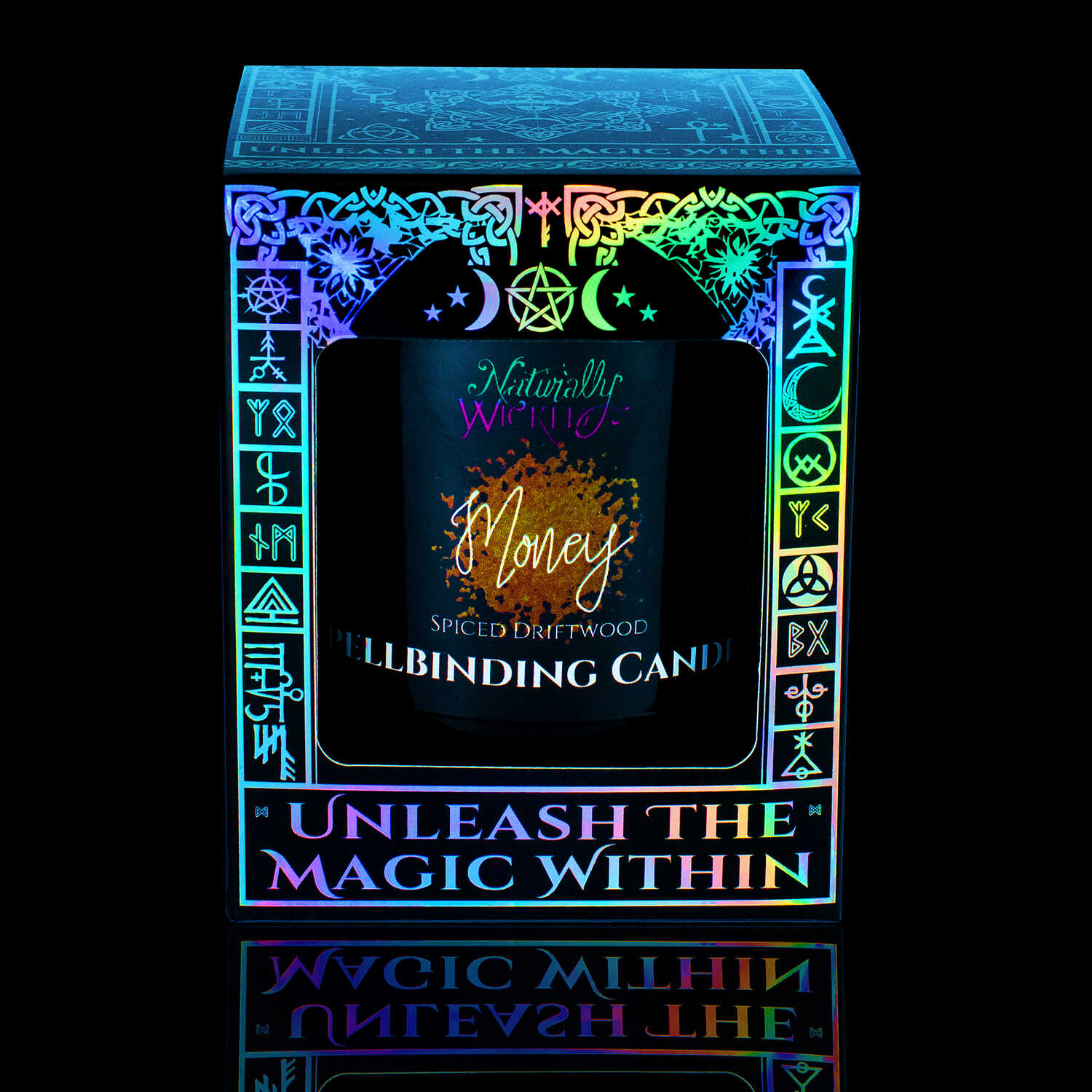 Looking For Money... Cast The Perfect Spell With The Naturally Wicked Spellbinding Money Candle, Displayed In An Enchanting Iridescent Gloss Gift Box, Inviting Its User To 'Unleash The Magic Within.'