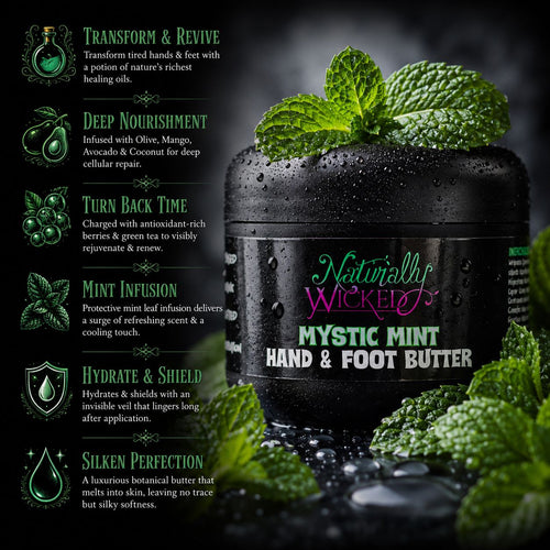 Naturally Wicked Mystic Mint Hand & Foot Butter Draped In Fresh Mint Leaves Amongst Refreshing Water Droplets With A List Of Benefits From Included Ingredients