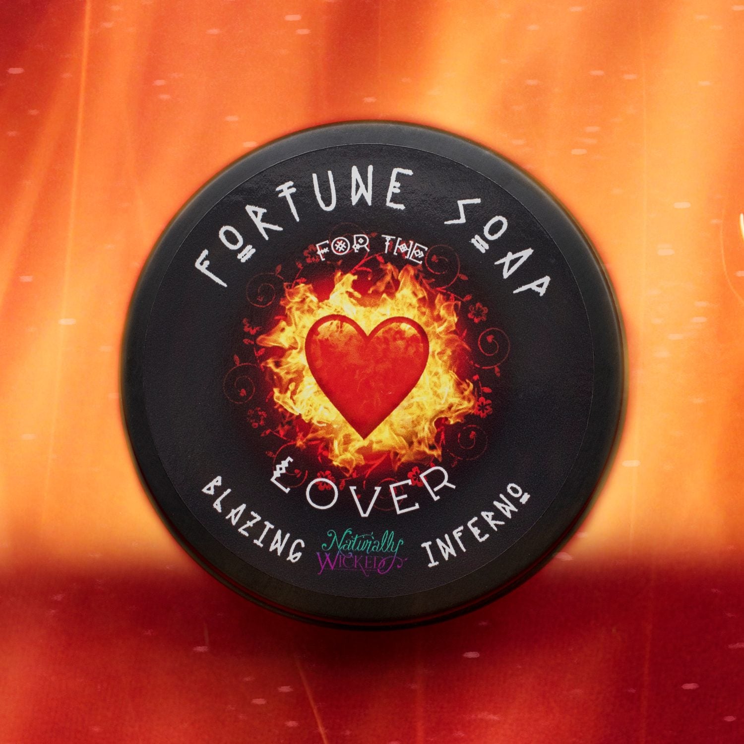 Naturally Wicked Fortune Soap For The Lover with fiery heart design on a red Blazing Inferno background