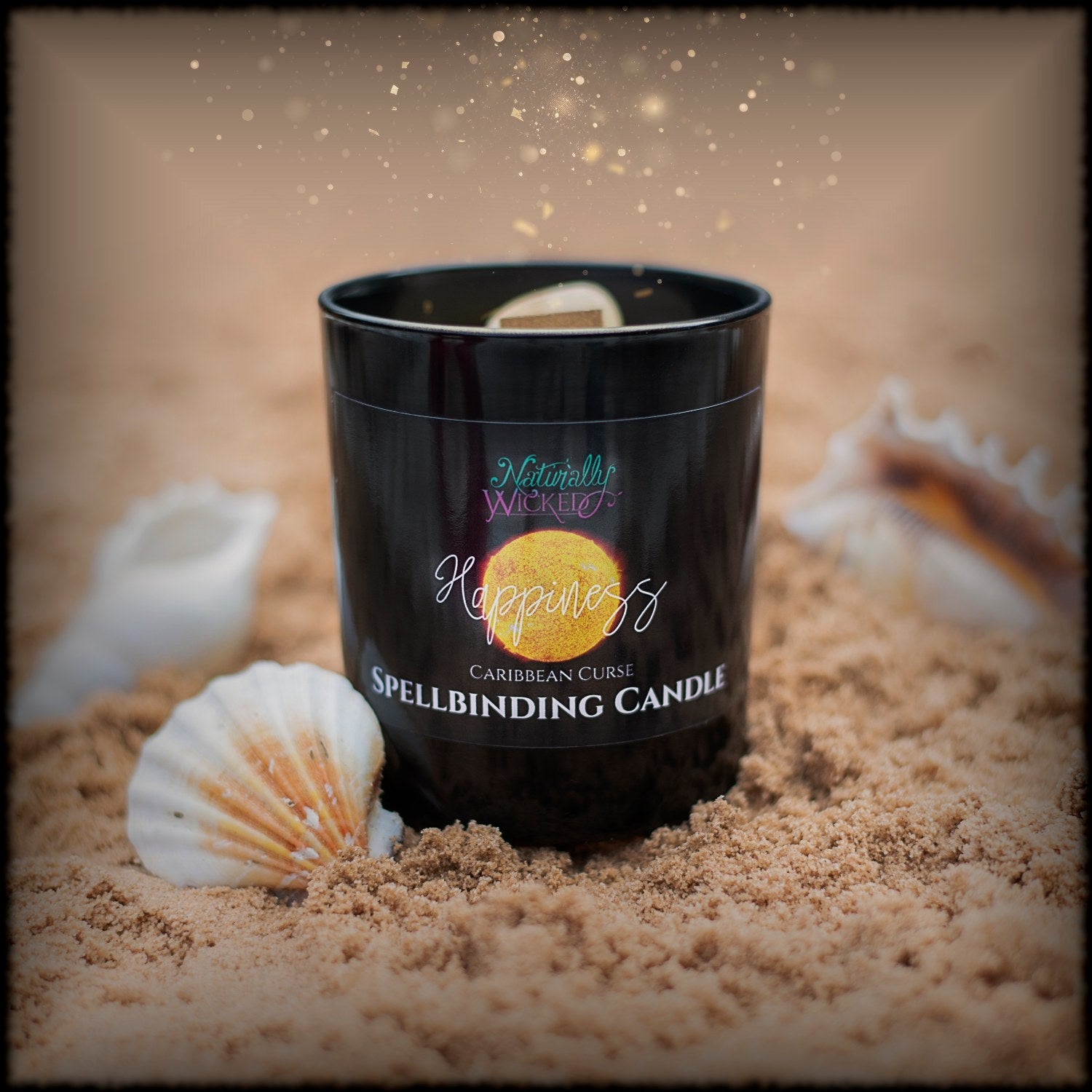 Naturally Wicked Spellbinding Happiness Spell Candle Entombed With Bright Yellow Citrine Crystal Sits On Bright Beach Surrounded By Shells