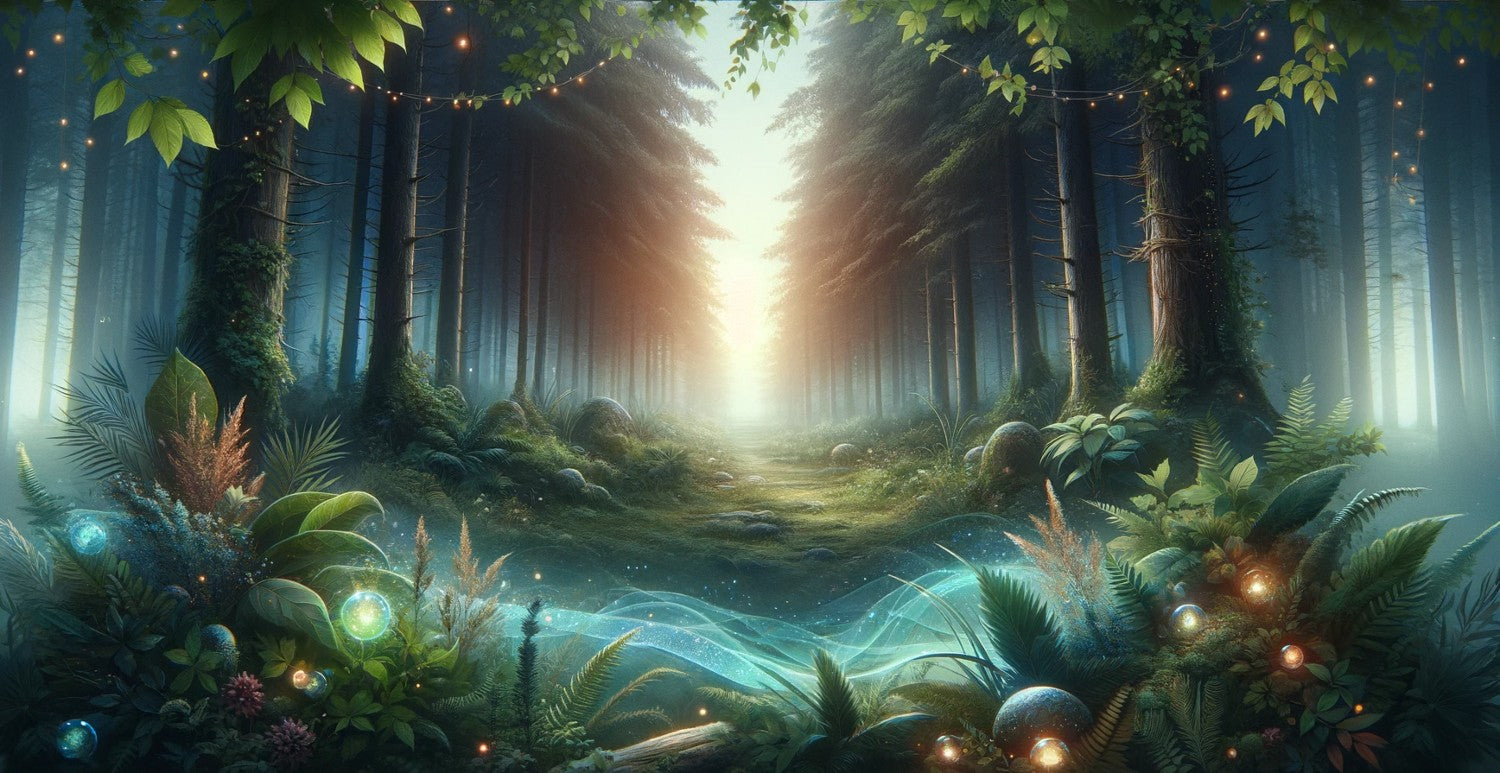 Magical Enchanted Forest Of Lined Trees With Spellbinding Magical Auras Opening Up To Daylight