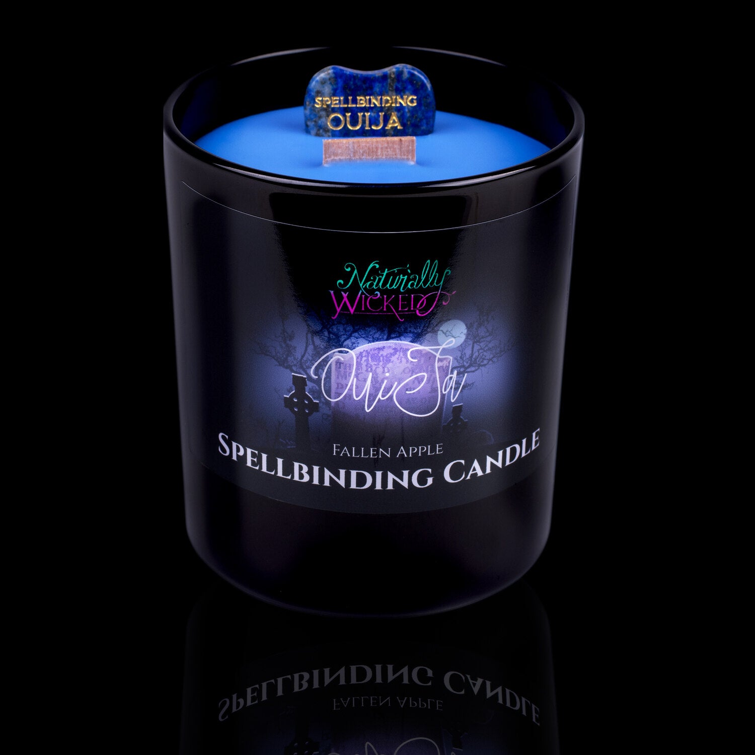 Naturally Wicked Spellbinding Ouija Crystal Candle Entombed In Blue Plant-Based Wax With Crackling Wood Wick & A Carved Sodalite Crystal Planchette. The Perfect Gift For A Spooky Soul