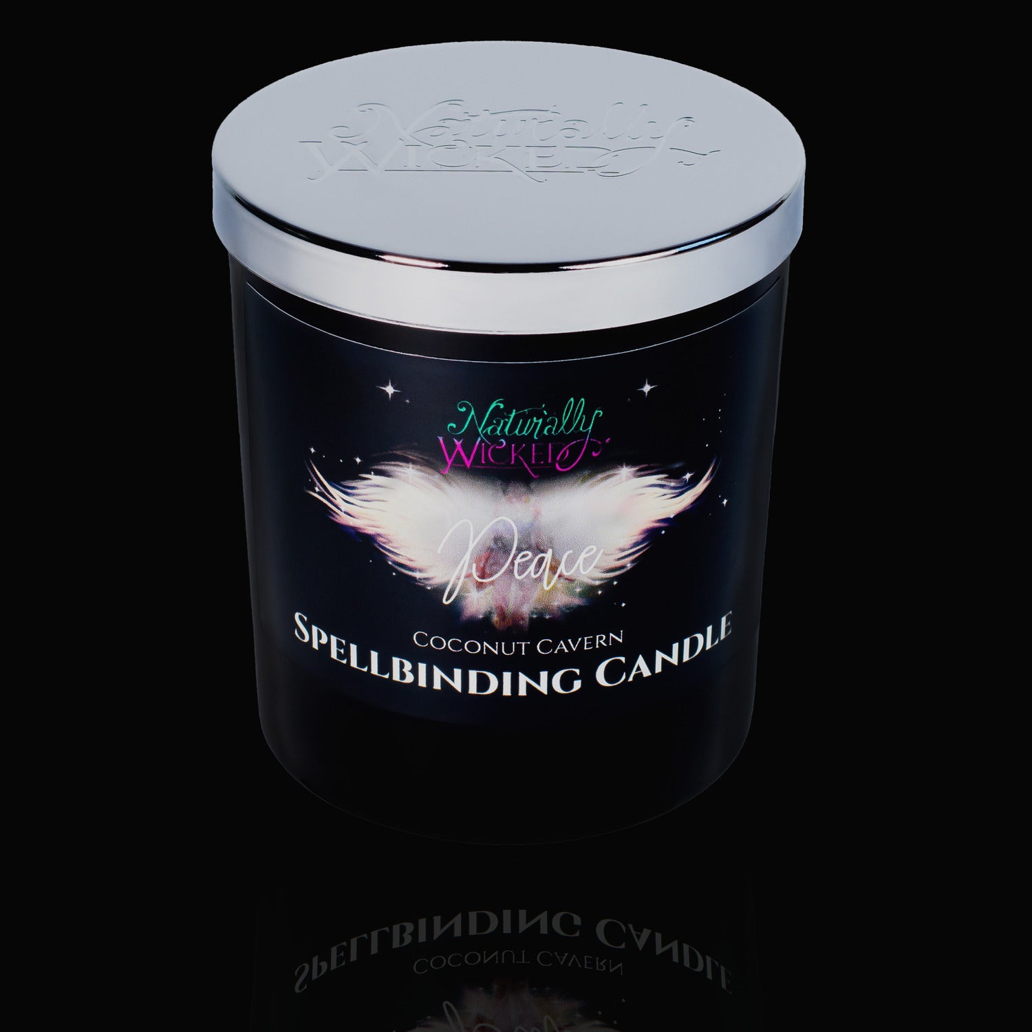Naturally Wicked Spellbinding Peace Spell Candle With Mirror Finished Exquisite Lid In Place. Featuring A Black Gloss Label And A Beautiful Angel Of Peace