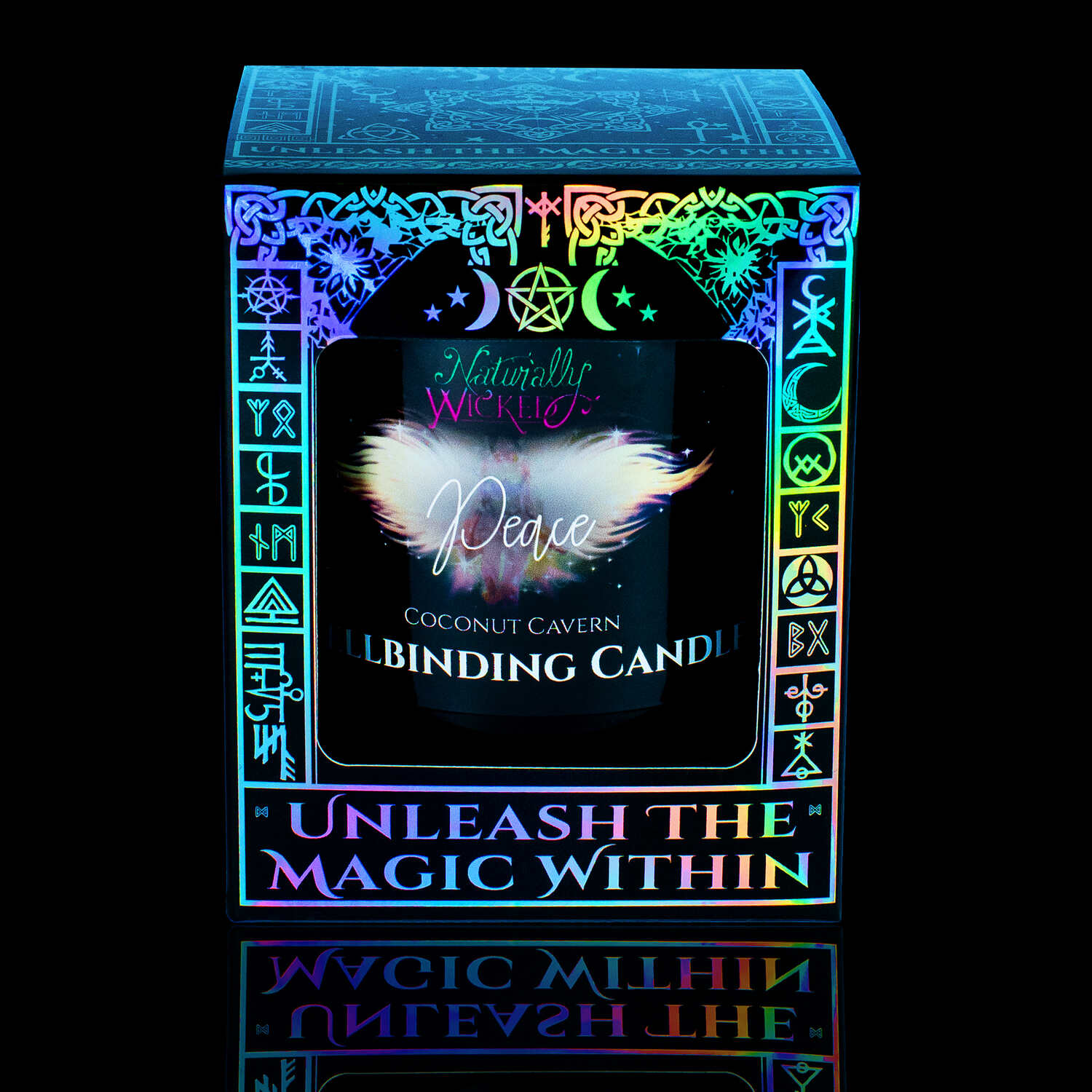 The Naturally Wicked Spellbinding Peace Candle; The Perfect Spell Candle To Invoke Inner Peace, Displayed In A Holographic Gloss Gift Box Invites Its User To 'Unleash The Magic Within.'